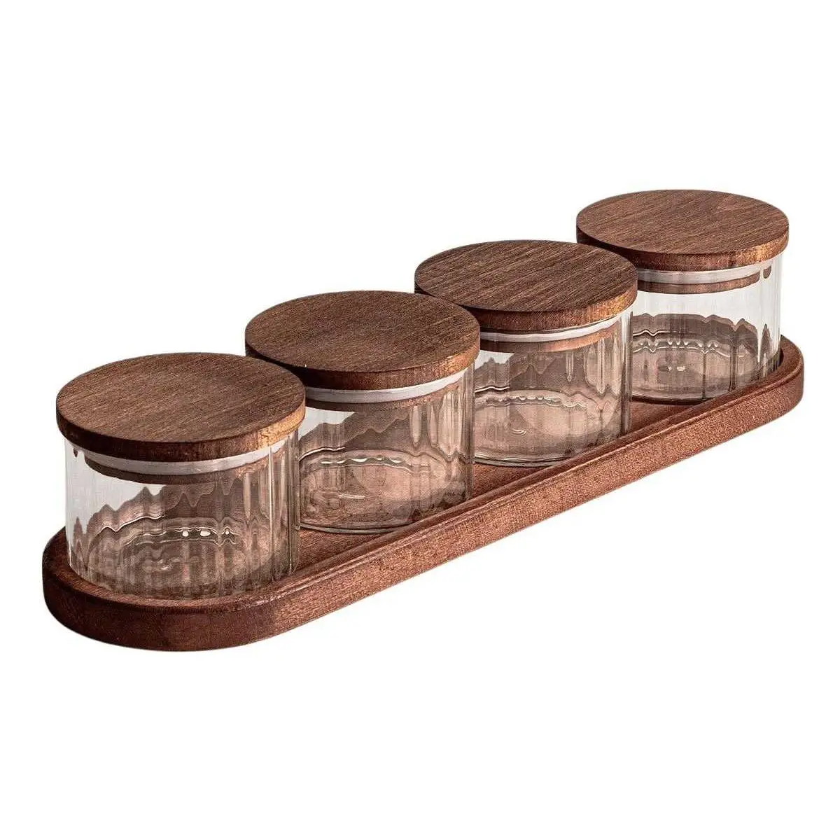 Ensemble pots en verre avec couvercle et plateau bois 4 pots ronds – Liny