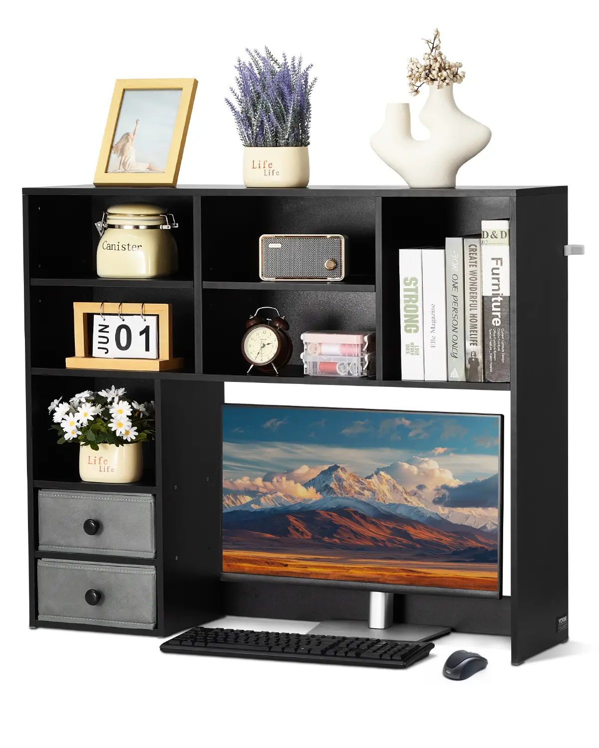 VEVOR Étagère poser bureau 3 niveaux, 94×25.4×79.2cm, 2 tiroirs tissu, rangement, noir.
