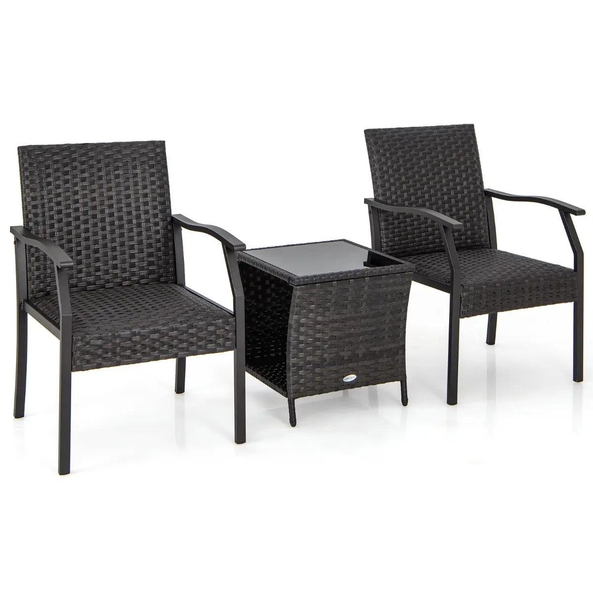 Ensemble de Table et Chaises de Patio en Osier 3 Pièces Siège Rembourré Plateau en Verre Trempé Cadre en Métal Renforcé Mobilier en Rotin Tissé