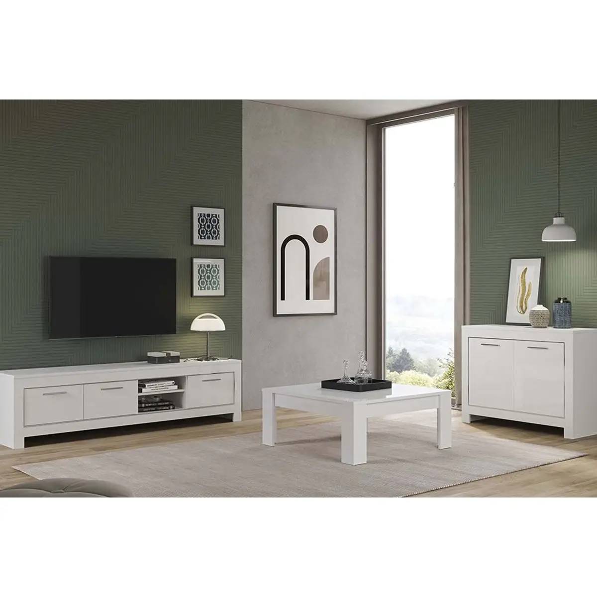 Ensemble Salon Laqué Blanc Brillant Meuble TV + Buffet 2 Portes + Table Basse Carrée – DENAE