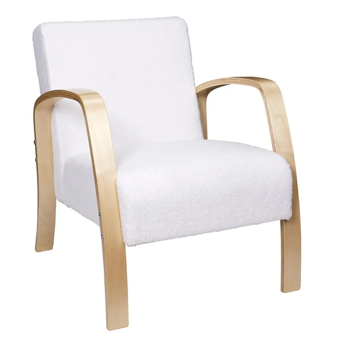 Fauteuil en Tissu Bouclettes Blanc Accoudoirs Bois – KAUPA