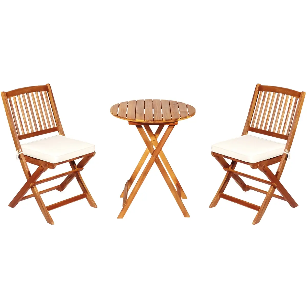Ensemble de Table et Chaises Pliable avec 2 Chaises et 1 Table Ronde en Bois d’Acacia pour Intérieur et Extérieur Naturel
