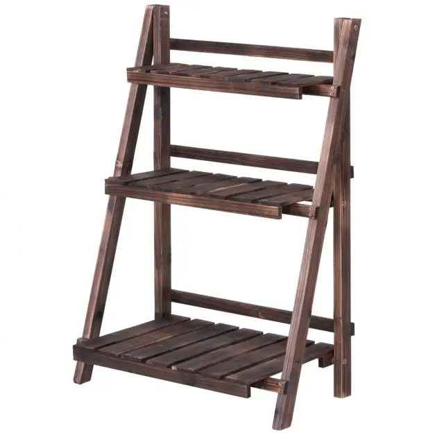 Etagère pliable pour plantes 3 niveaux en bois de sapin charge max 12kg marron