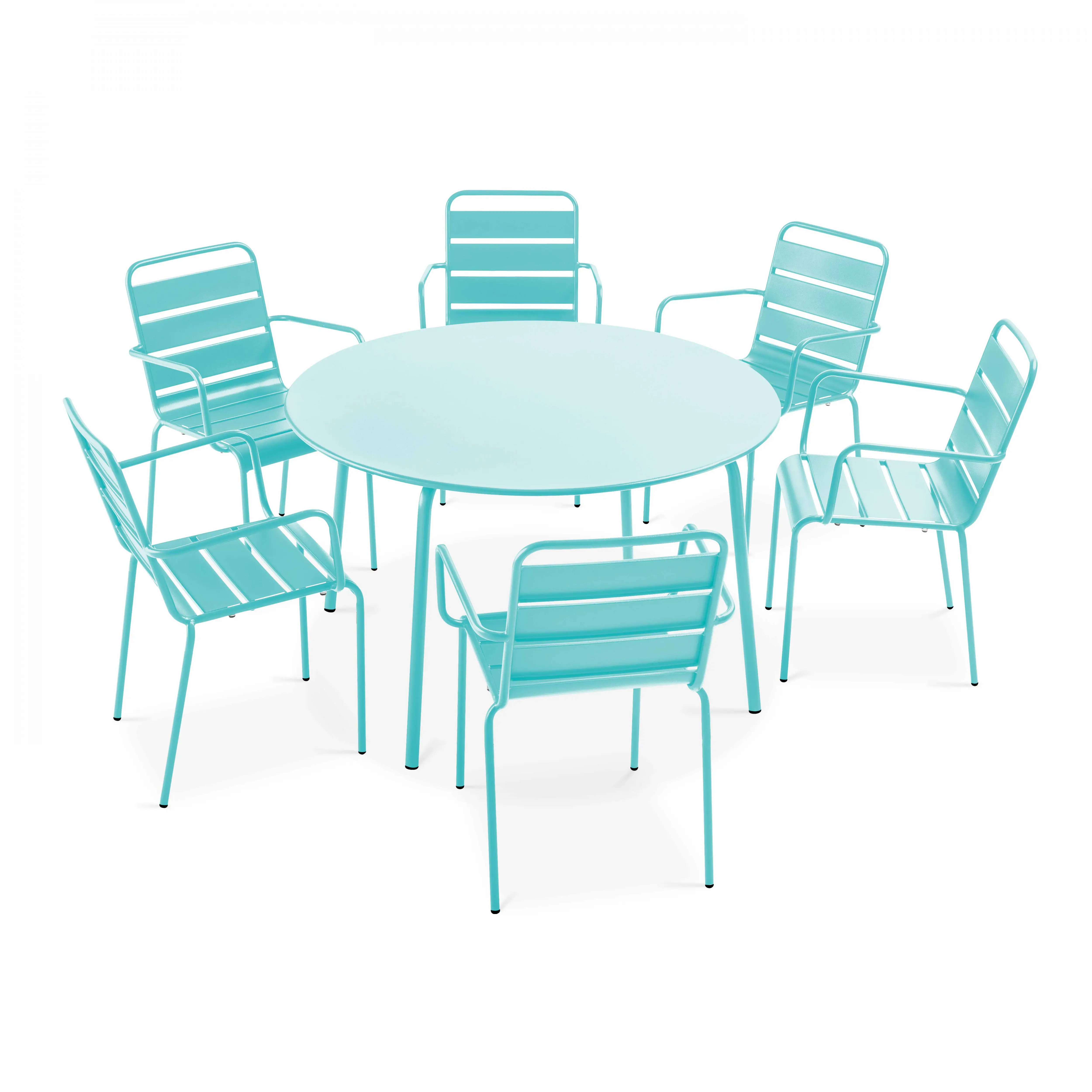 Ensemble table de jardin ronde et 6 fauteuils acier turquoise Palavas – Oviala