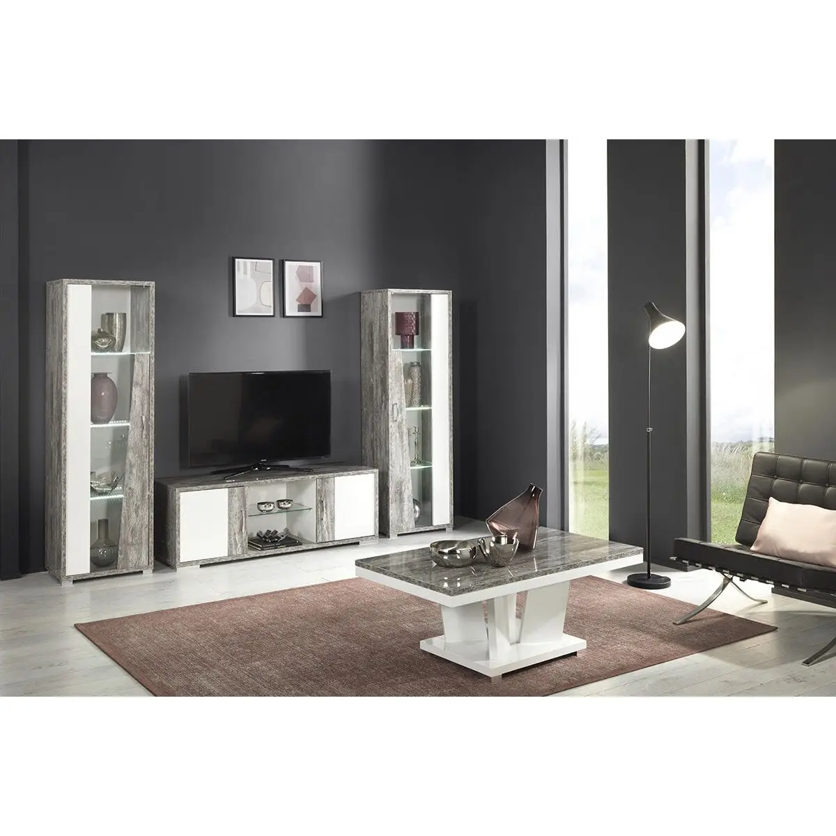Ensemble Salon Laqué Blanc et Effet Bois Taupe – DENYS
