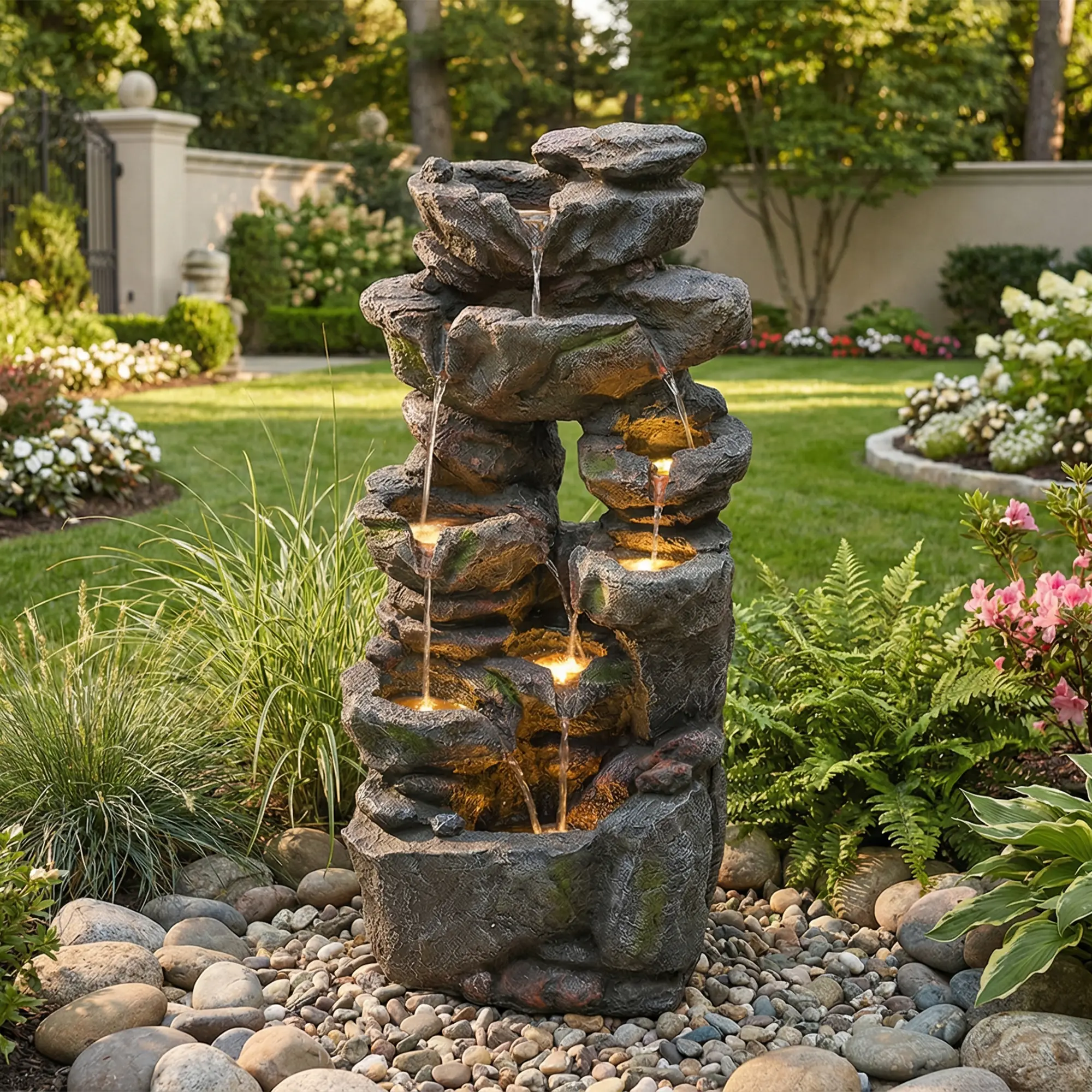 Fontaine cascade résine aspect pierre extérieur terrasse avec pompe et LED 90cm gris – ComfortXL Outdoor Living