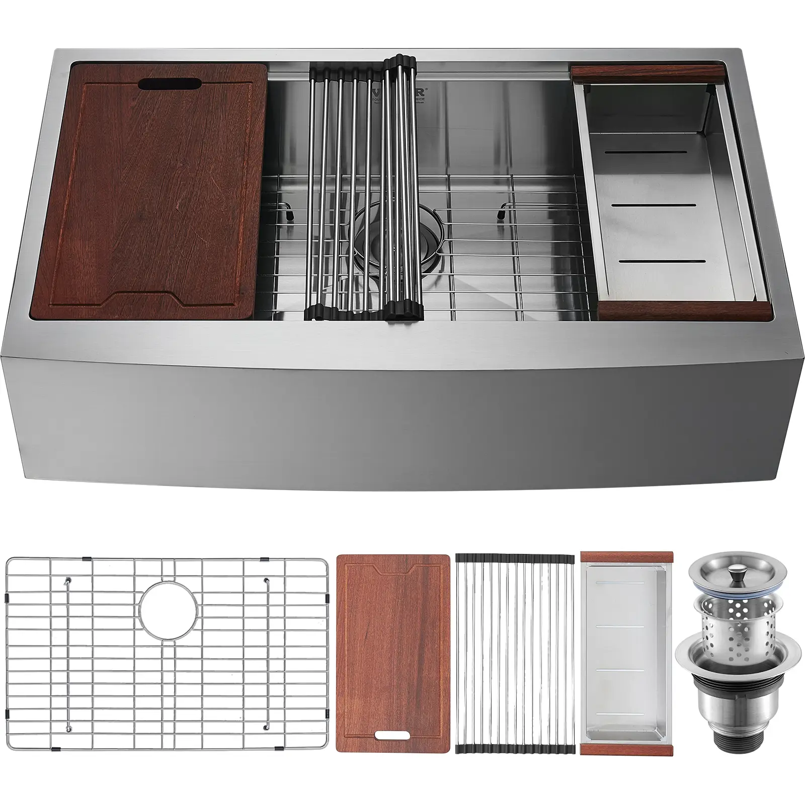 VEVOR Évier cuisine campagnard, inox 304, 1 cuve, planche découper, 76x56x23 cm.