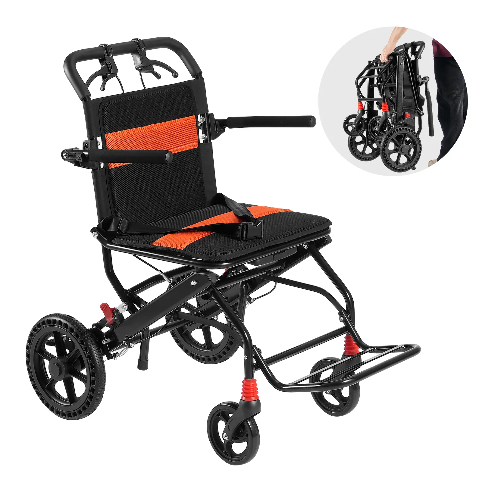 VEVOR Fauteuil roulant transport alu, pliable, accoudoirs rabattables. Freinage auto, siège 18 po, charge 220 lb.
