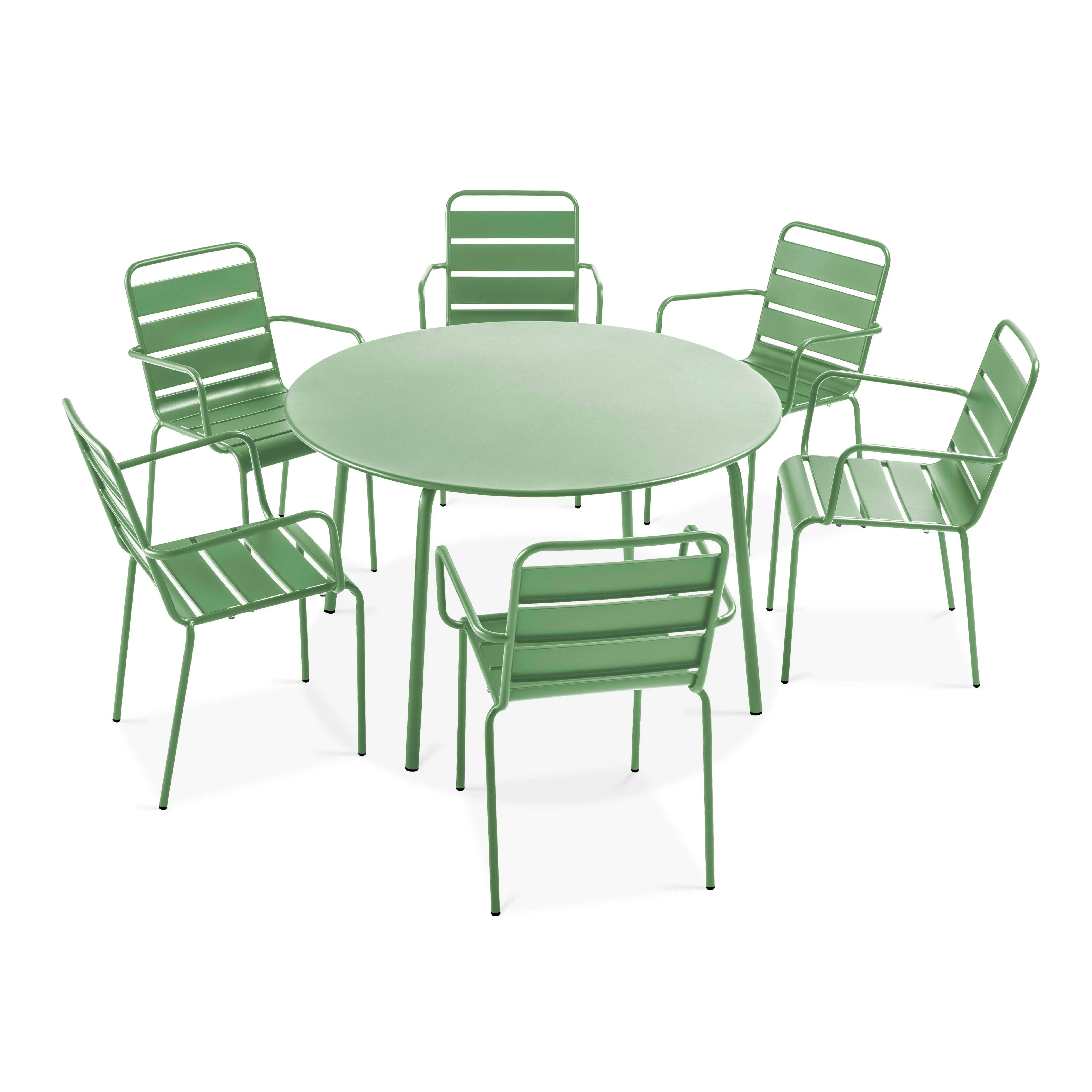 Ensemble table de jardin ronde et 6 fauteuils acier vert cactus Palavas – Oviala