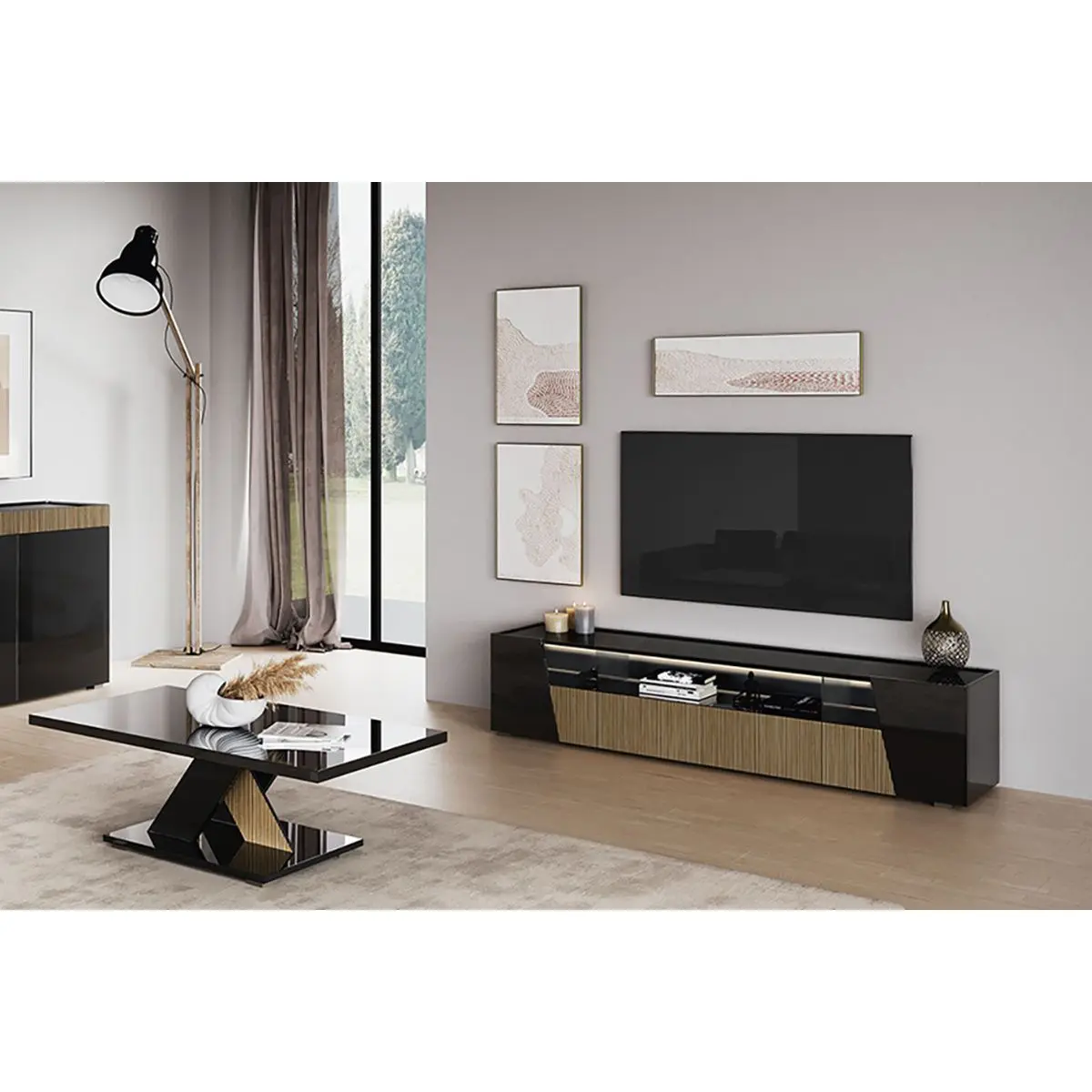 Ensemble Salon Laqué Noir Décor Bois Meuble TV avec Leds + Table Basse – KADALA