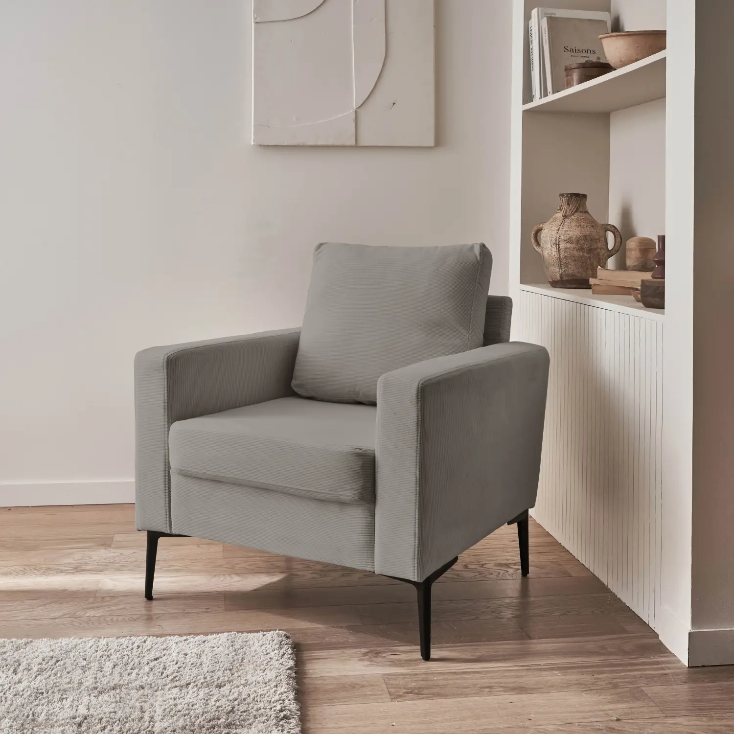 Fauteuil en velours côtelé gris clair – Bjorn – Canapé 1 place fixe droit pieds métal