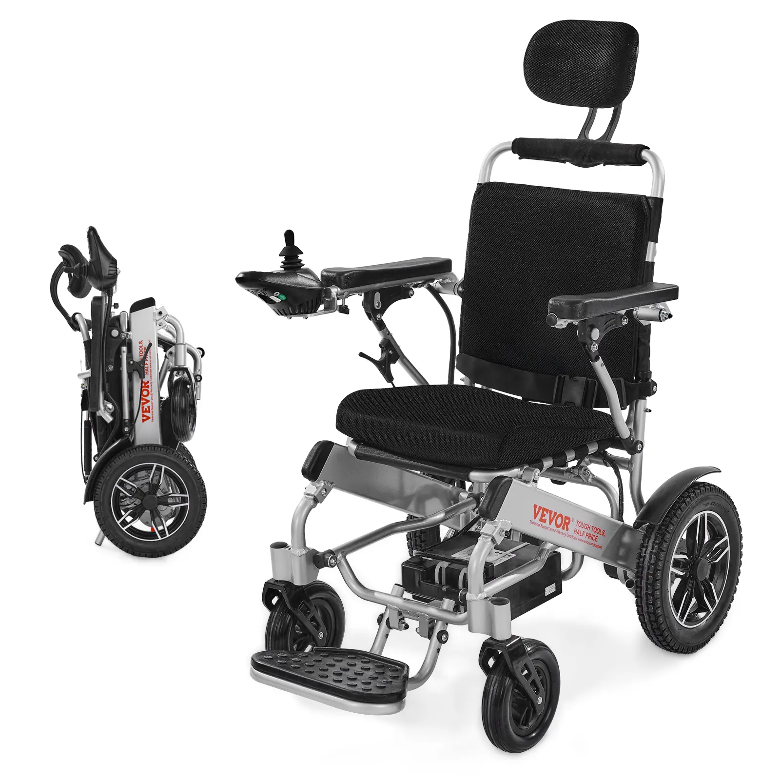 VEVOR Fauteuil roulant électrique, charge 136 kg, dossier réglable, autonomie 21 km. Siège 450 mm, pliable.