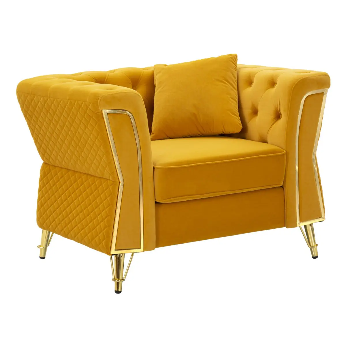 Fauteuil en Velours Capitonné «Emy» 104cm Moutarde