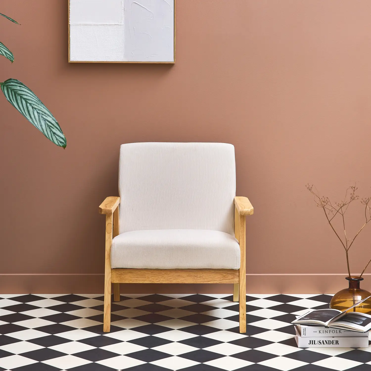 Fauteuil vintage / scandinave structure en bois et contreplaqué et assise en velours côtelé coloris blanc crème | sweeek