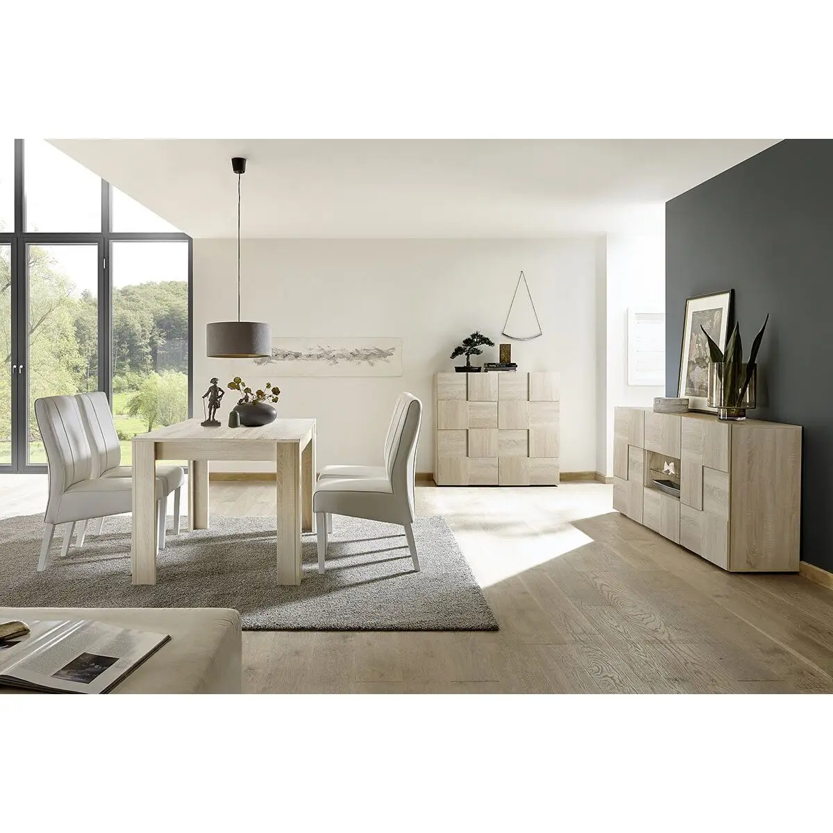 Ensemble Séjour Buffet 2 Portes 2 Tiroirs Aspect Bois Samoa Relief Damiers – REBECCA