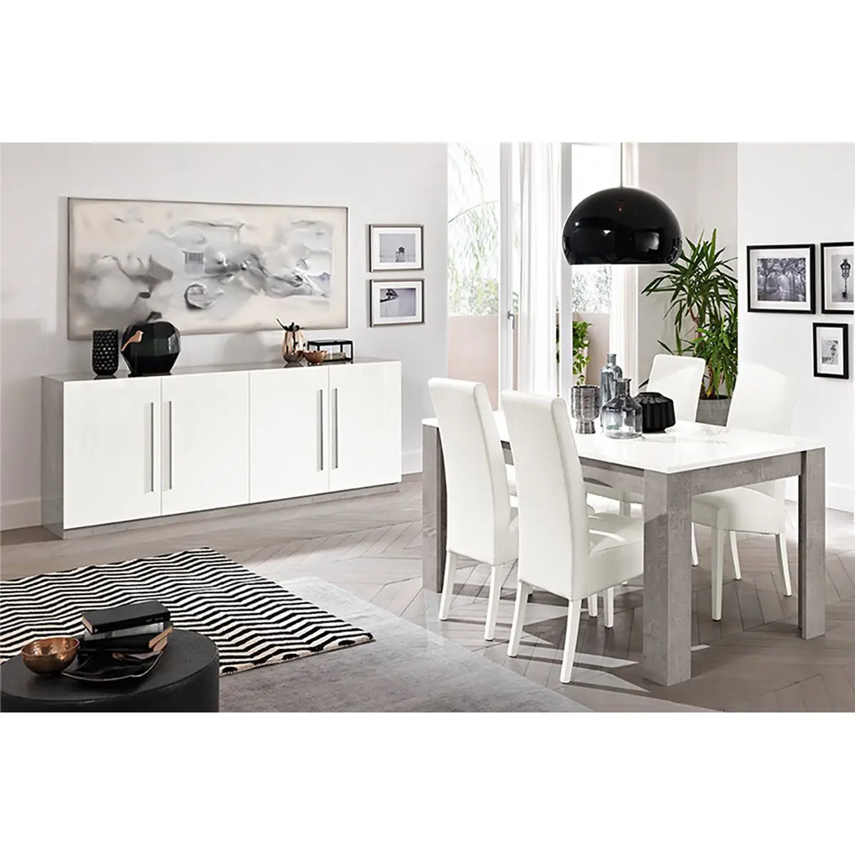 Ensemble Séjour Blanc et Marbre Table 160cm + Buffet 4 Portes – CLARK