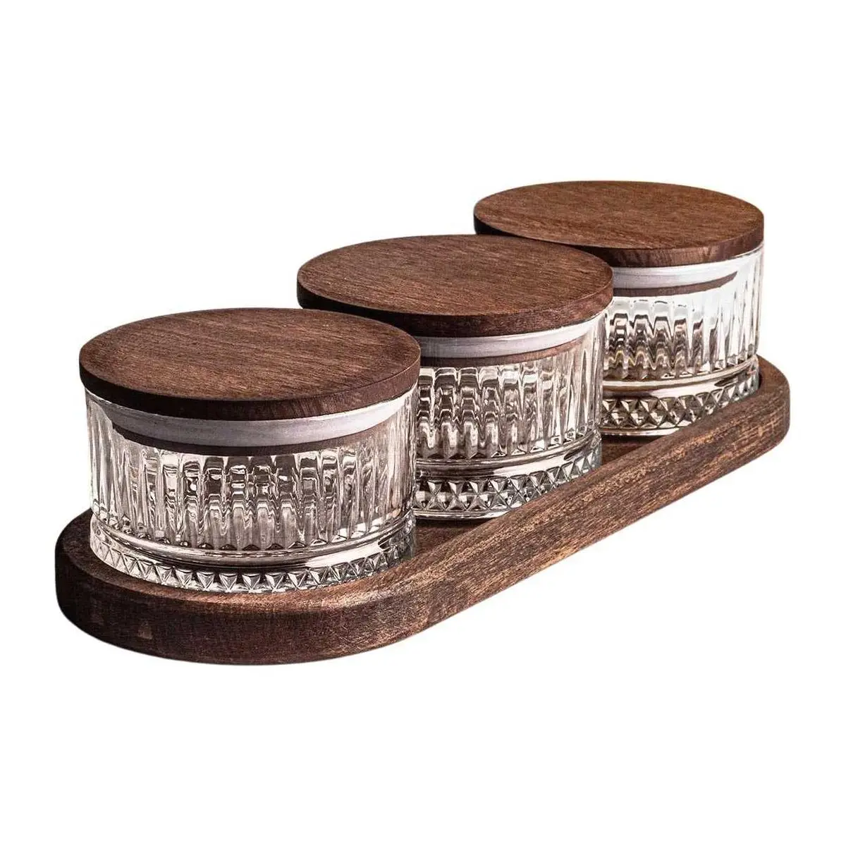 Ensemble pots en verre avec couvercle et plateau bois 3 pots ronds – Bella rond
