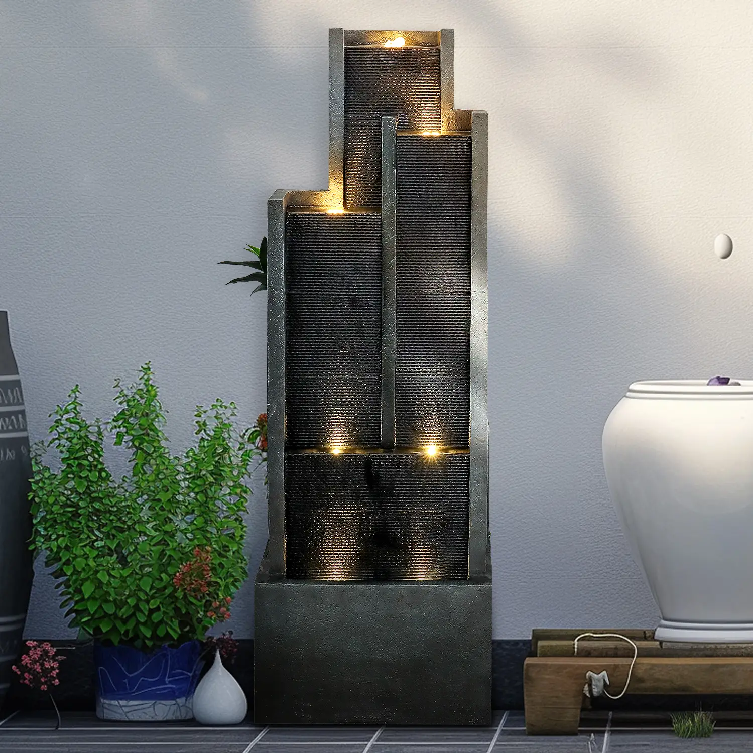 Fontaine d’eau moderne 128 cm en résine pour intérieur et extérieur avec lumière LED chaude – ComfortXL Outdoor Living
