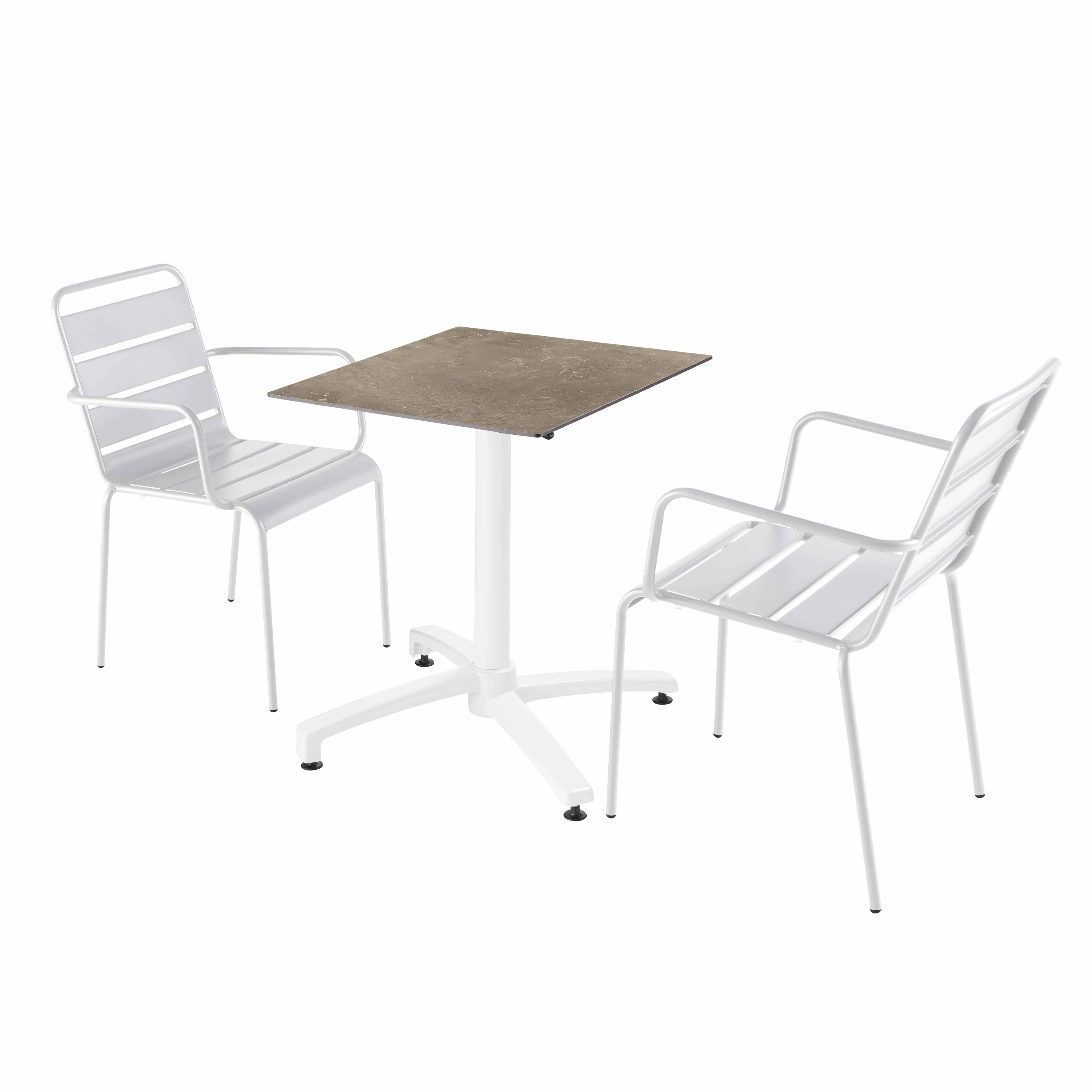 Ensemble table de terrasse stratifié marbre beige et 2 fauteuils blanc – Oviala