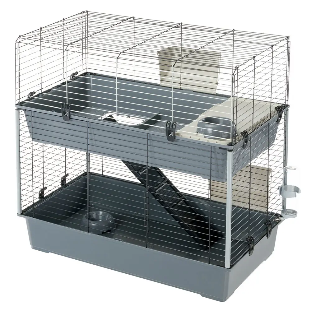 Ferplast Cage à 2 étages pour lapins RABBIT 100 DOUBLE, maisonnette pour petits animaux, clapier avec accessoires inclus, en métal vernis noir et en
