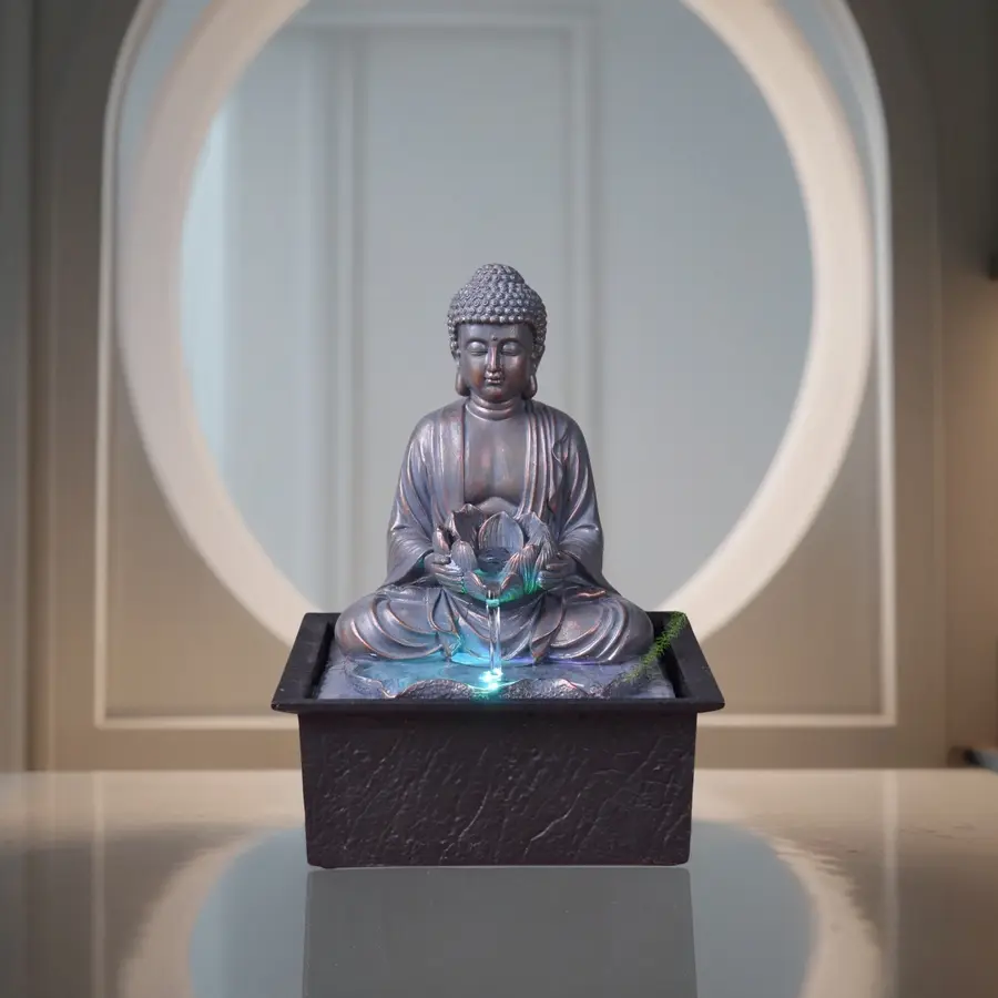 Fontaine d’Intérieur Bouddha Sutra – Pompe Silencieuse – Statuette Amovible – Idée Cadeau – Photophore – Haut: 23cm – Zen’Light
