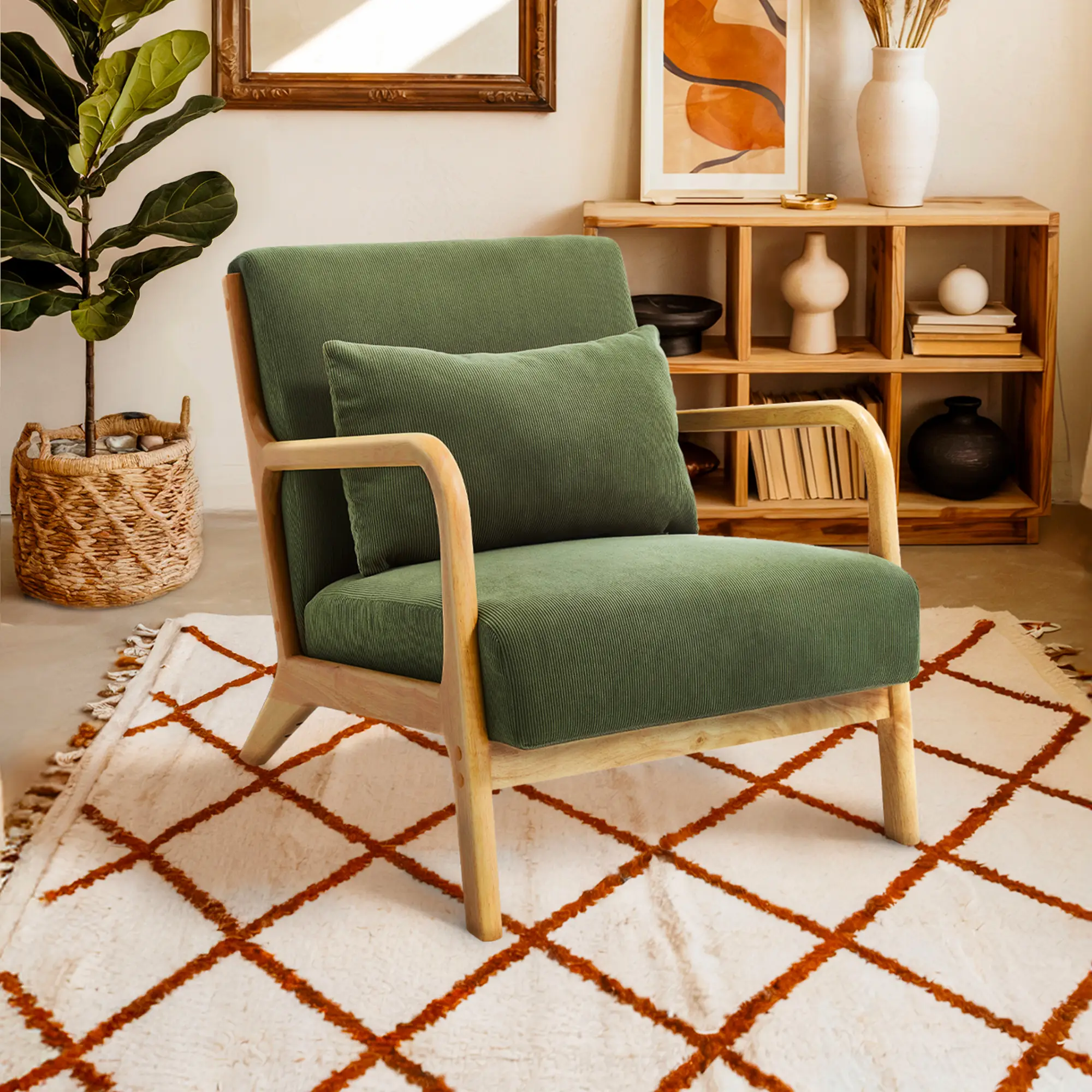 Sicaan Fauteuil scandinave vintage MARIE velours côtelé kaki et bois