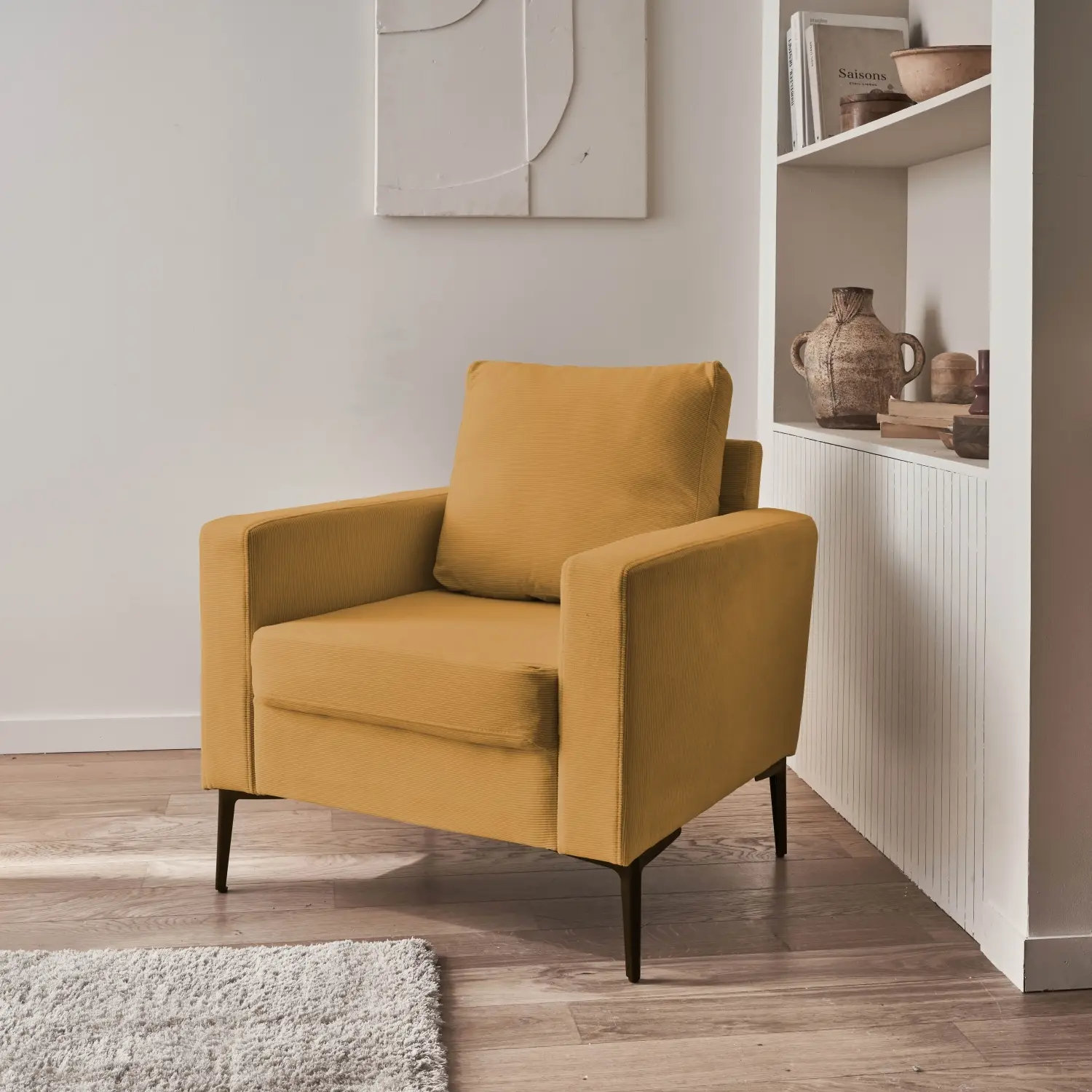 Fauteuil en velours côtelé ocre – Bjorn – Canapé 1 place fixe droit pieds métal | sweeek