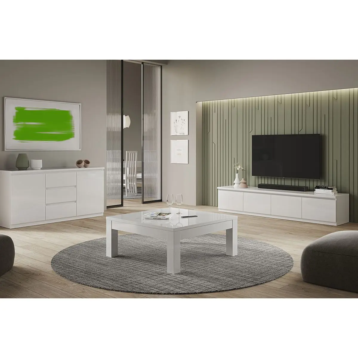 Ensemble Salon Laqué Blanc Meuble TV 4 Portes + Table Basse Carrée + Buffet – DEYTON