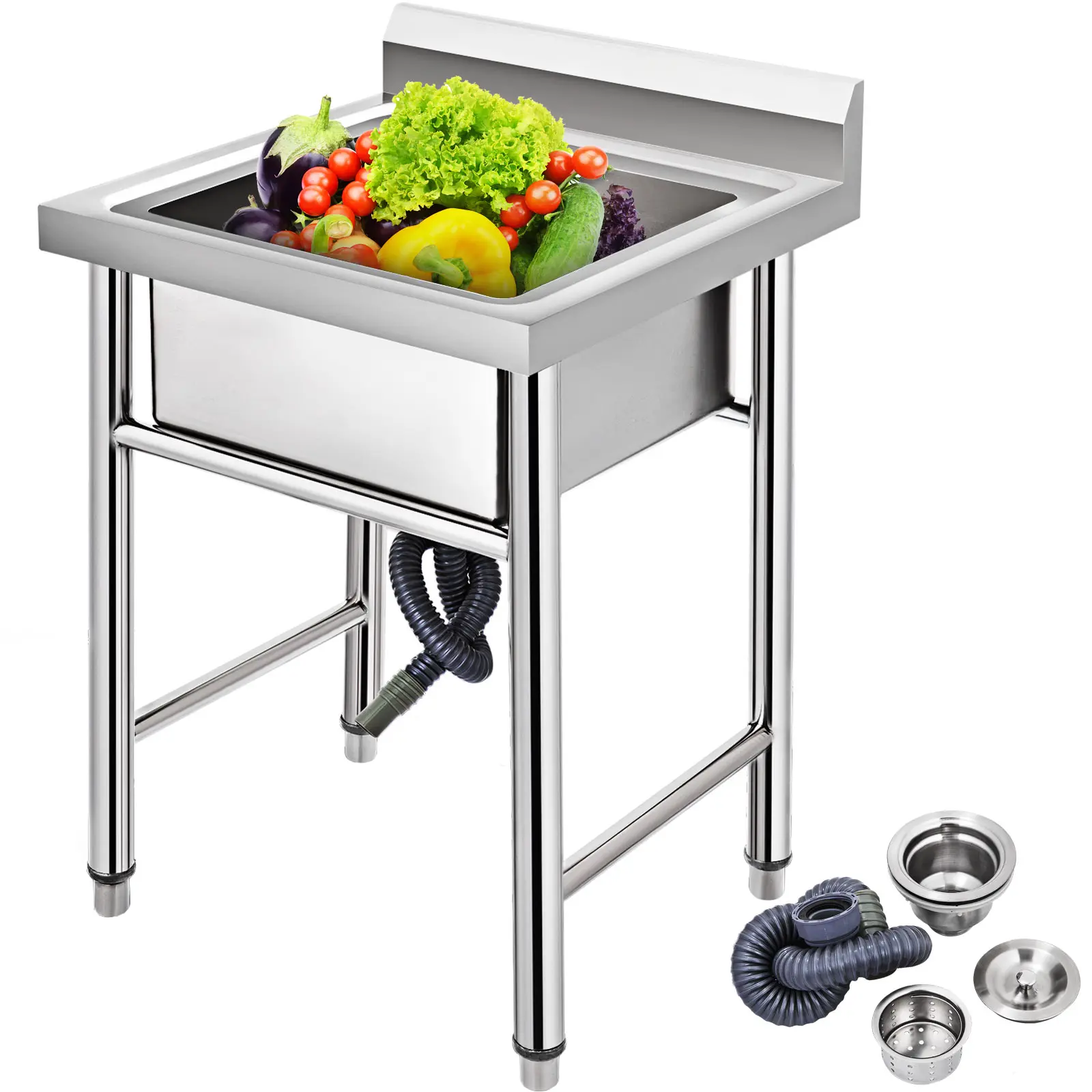 VEVOR Évier inox 1 bac sur pieds anti-éclaboussures, 93x61x60cm, pour restaurant, garage, entrepôt.