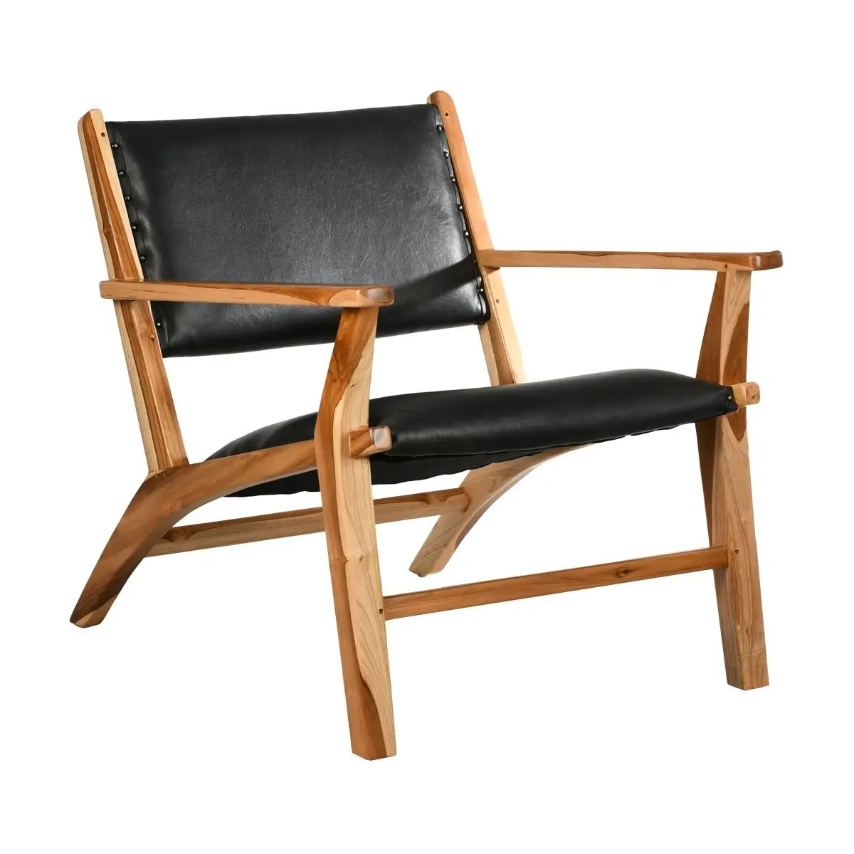 Fauteuil en teck et cuir de vache noir Makassar