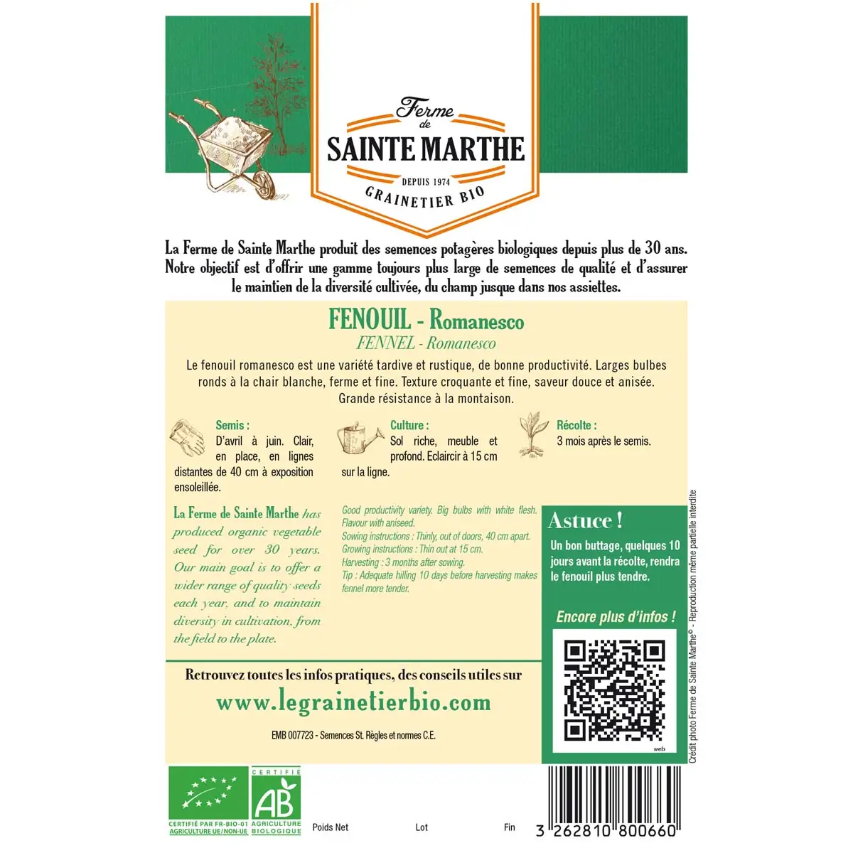 Fenouil Romanesco Bio le sachet de 300 graines environ (1,8g)