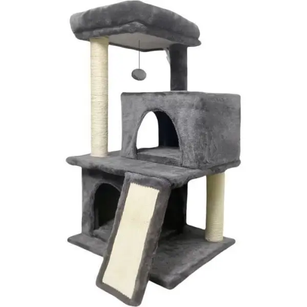 FLOPI Arbre a chat gris foncé- 44,5 x 48 x 86 cm – Gris foncé – 1 plateforme, 1 balle de jeu, 2 niches, 1 rampe