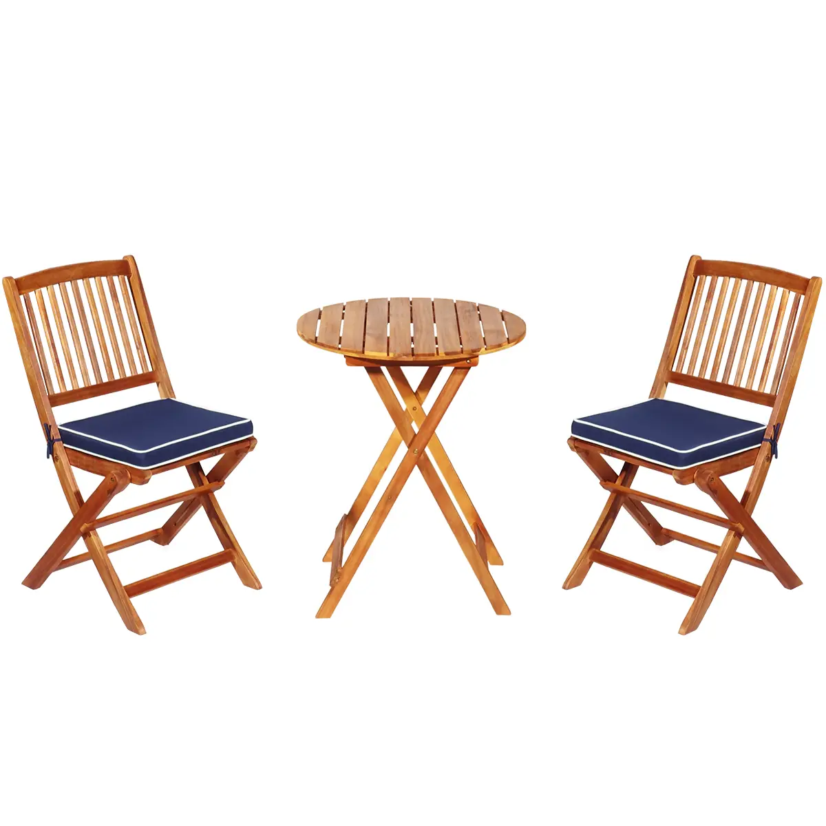 Ensemble de Table et Chaises Pliable avec 2 Chaises et 1 Table Ronde en Bois d’Acacia pour Intérieur et Extérieur Naturel+Bleu