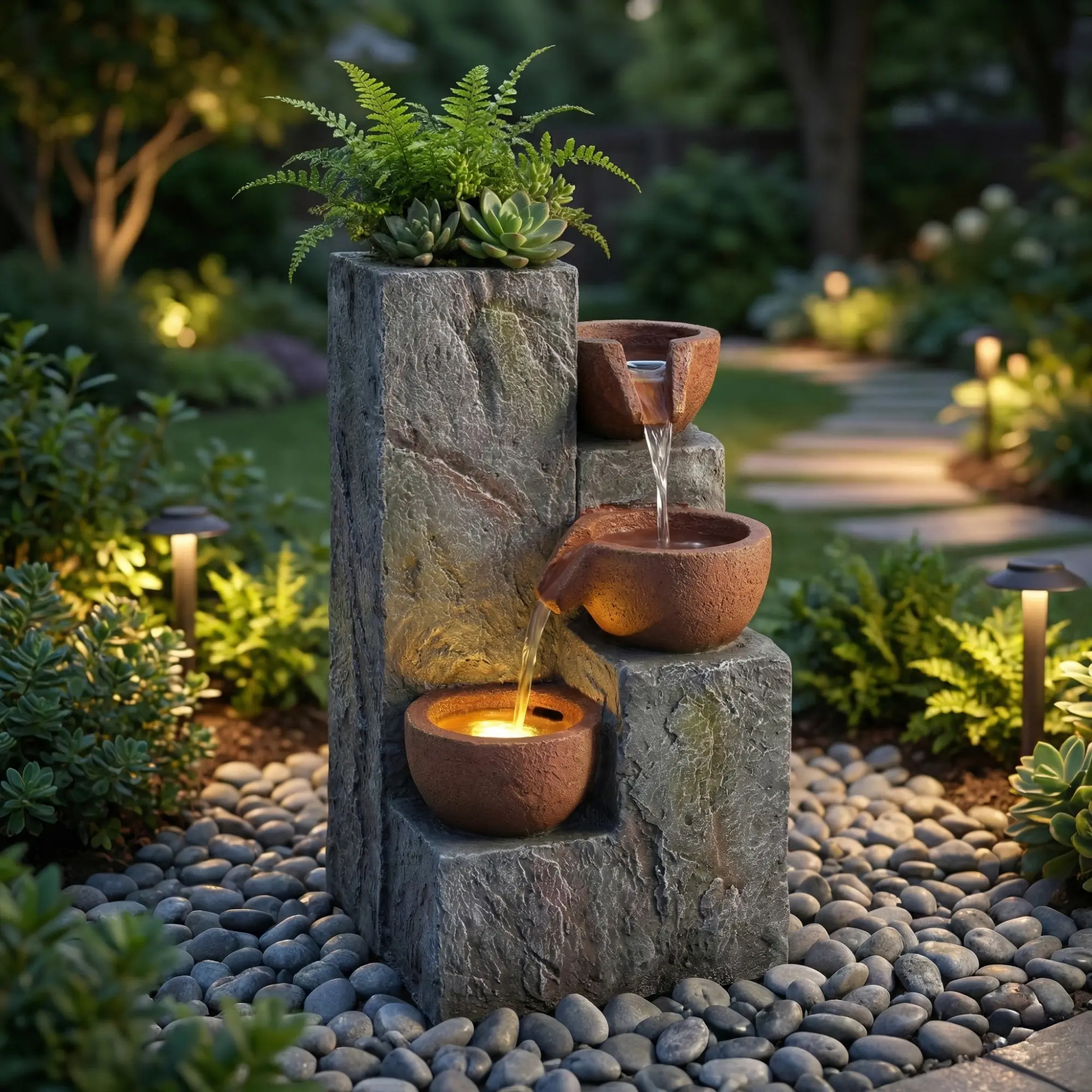 Fontaine cascade résine pour jardin terrasse éclairage LED 3 niveaux gris 27x31cm – ComfortXL Outdoor Living