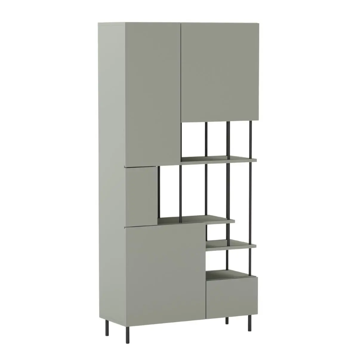 Etagère graphique et asymétrique semi-ouverte 5 portes en mélaminé vert sauge et métal noir – MANEL
