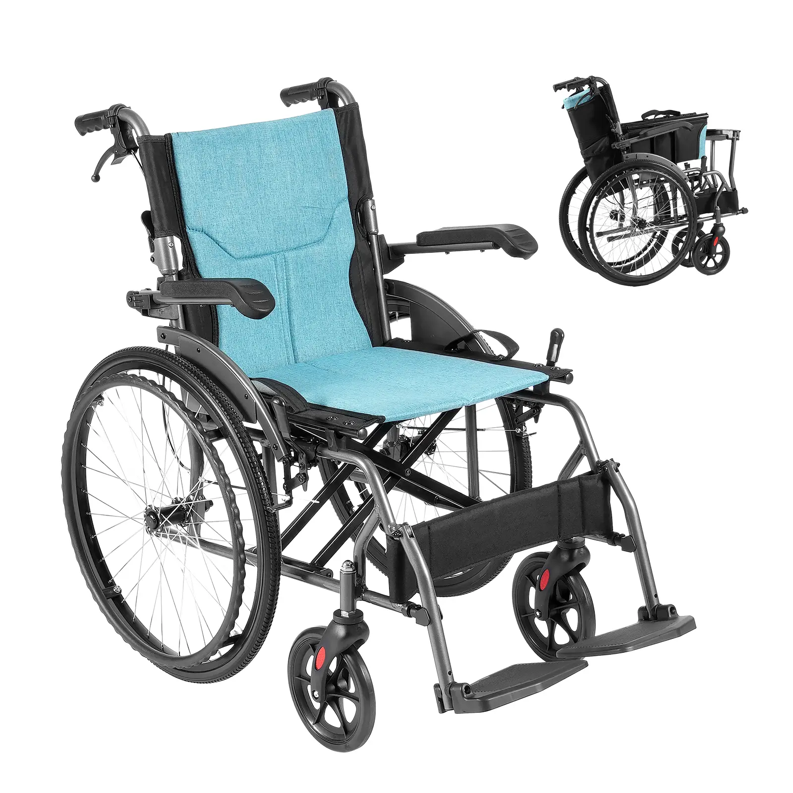 VEVOR Fauteuil roulant ultra-léger alu, accoudoirs rabattables, repose-pieds réglables. Siège 18 po, charge 250 lb.