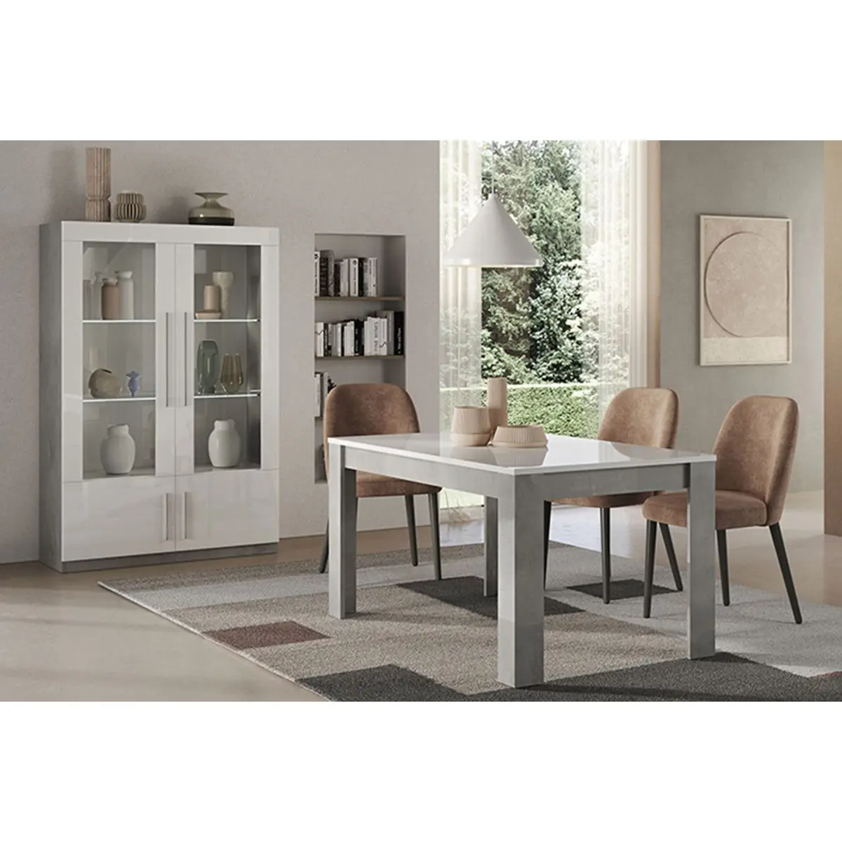 Ensemble Séjour Blanc et Marbre Table 160cm + Vitrine 4 Portes avec Leds – CLARK