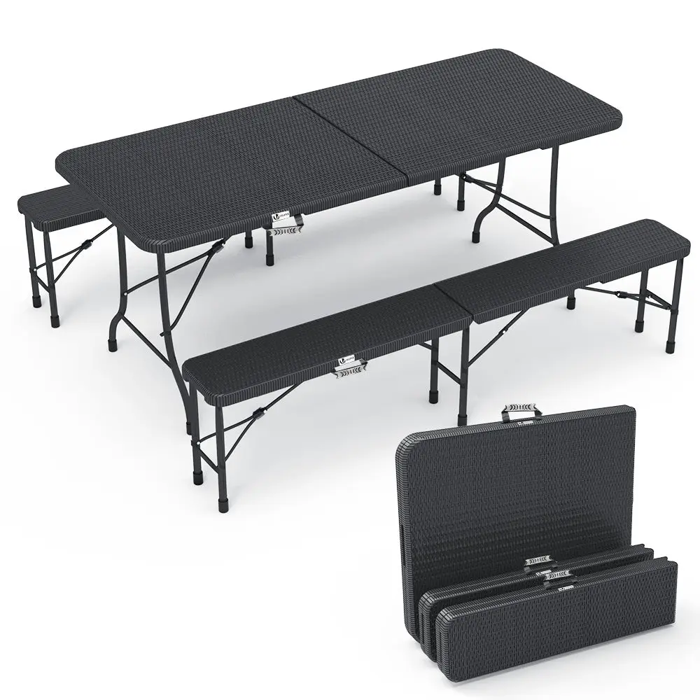 Ensemble de Table et bancs camping pliables 180cm HDPE Style Polyrotin noir