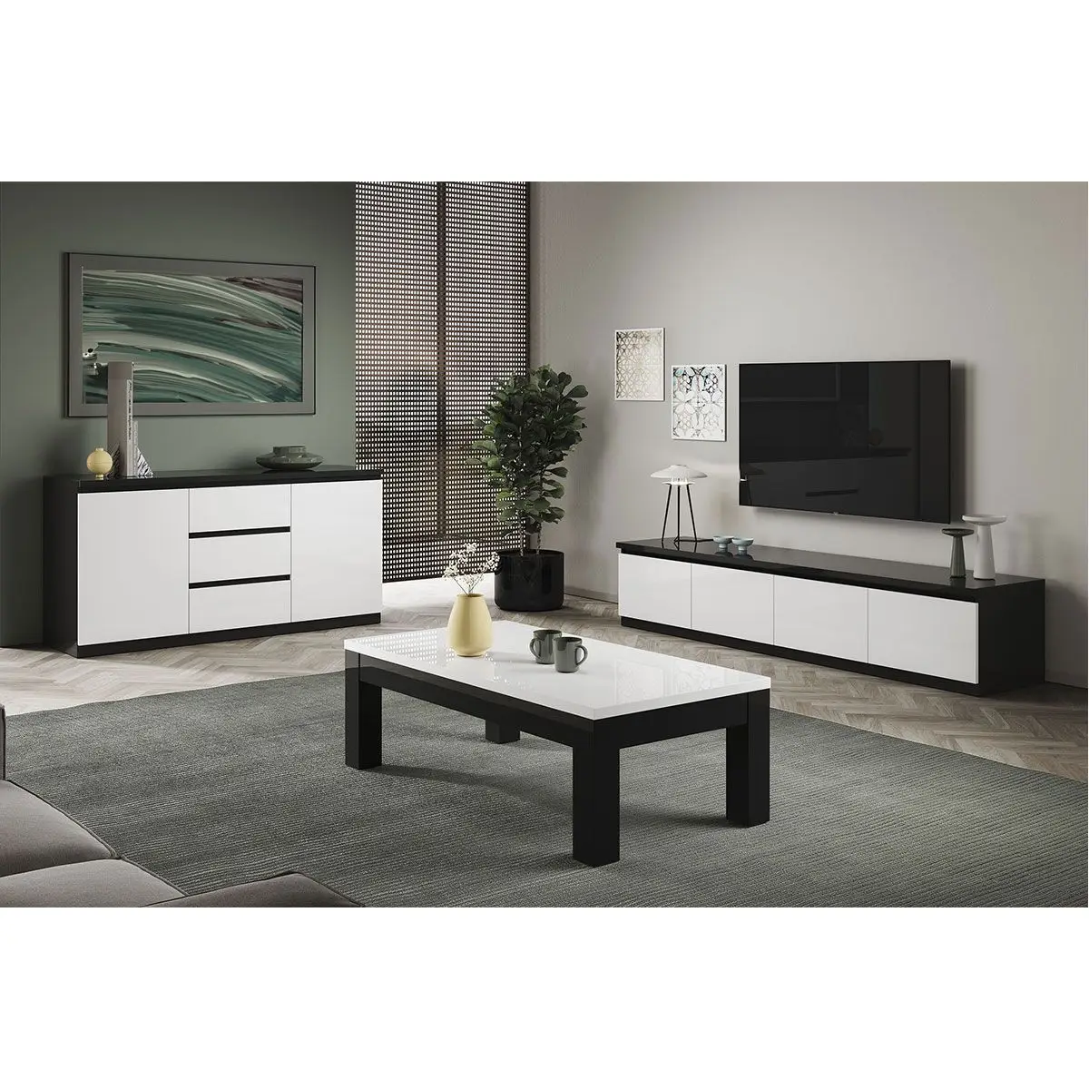 Ensemble Salon Laqué Noir et Blanc Meuble TV 4 Portes + Table Basse 127cm + Buffet – DEYTON
