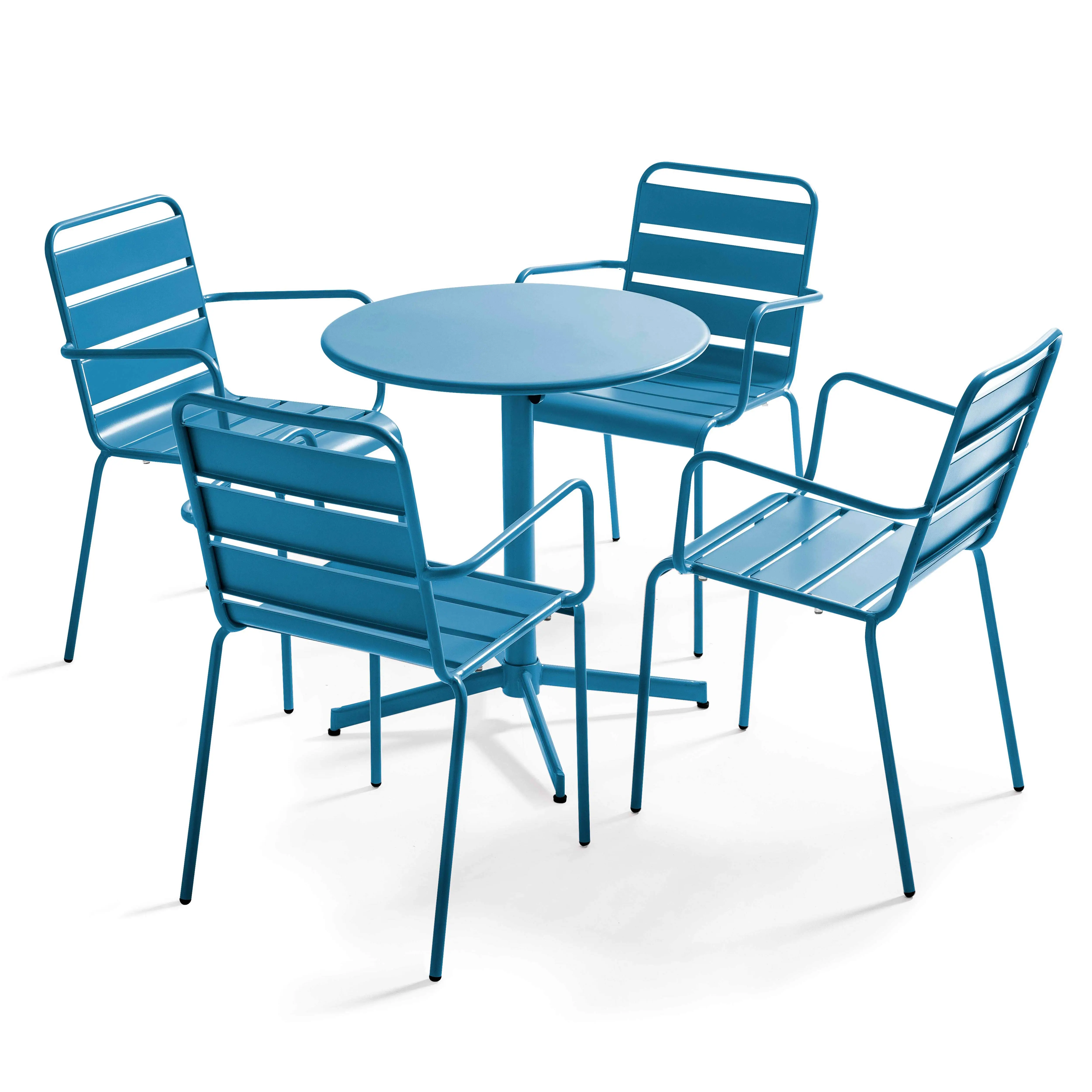 Ensemble table de jardin et 4 fauteuils métal bleu pacific Palavas – Oviala