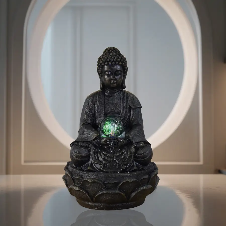 Fontaine d’Intérieur Bouddha Méditation – Fontaine d’intérieur Cascade – Déco Zen et Feng Shui- Éclairage Led – H 30cm – Zen’Light