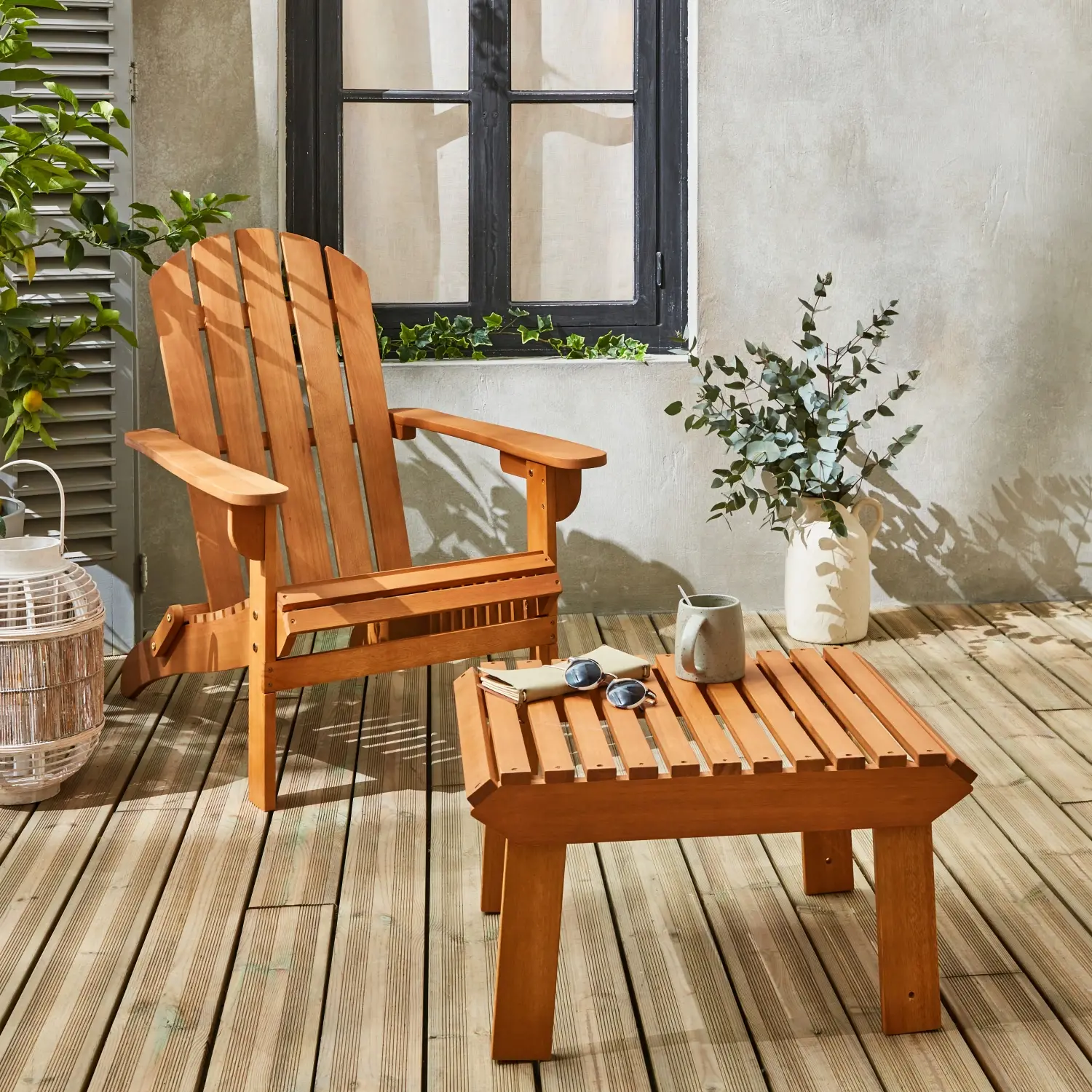 Fauteuil de jardin en bois avec repose-pieds/table basse – Adirondack Salamanca – Eucalyptus. chaise de terrasse retro | sweeek