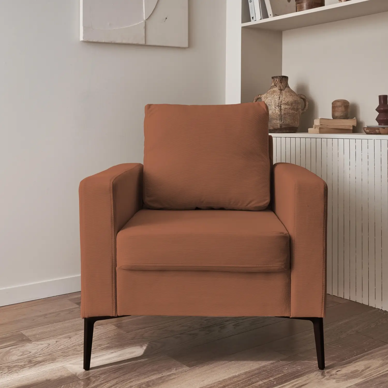Fauteuil en velours côtelé terracotta – Bjorn – Canapé 1 place fixe droit pieds métal | sweeek