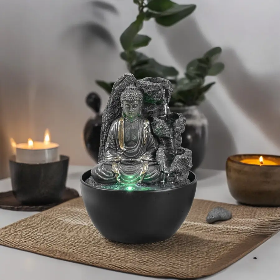 Fontaine Bouddha Relaxante Cascade Zen Feng Shui – Porte-Bonheur – Idée Cadeau – Fontaine de Table LED H 18cm – Revata