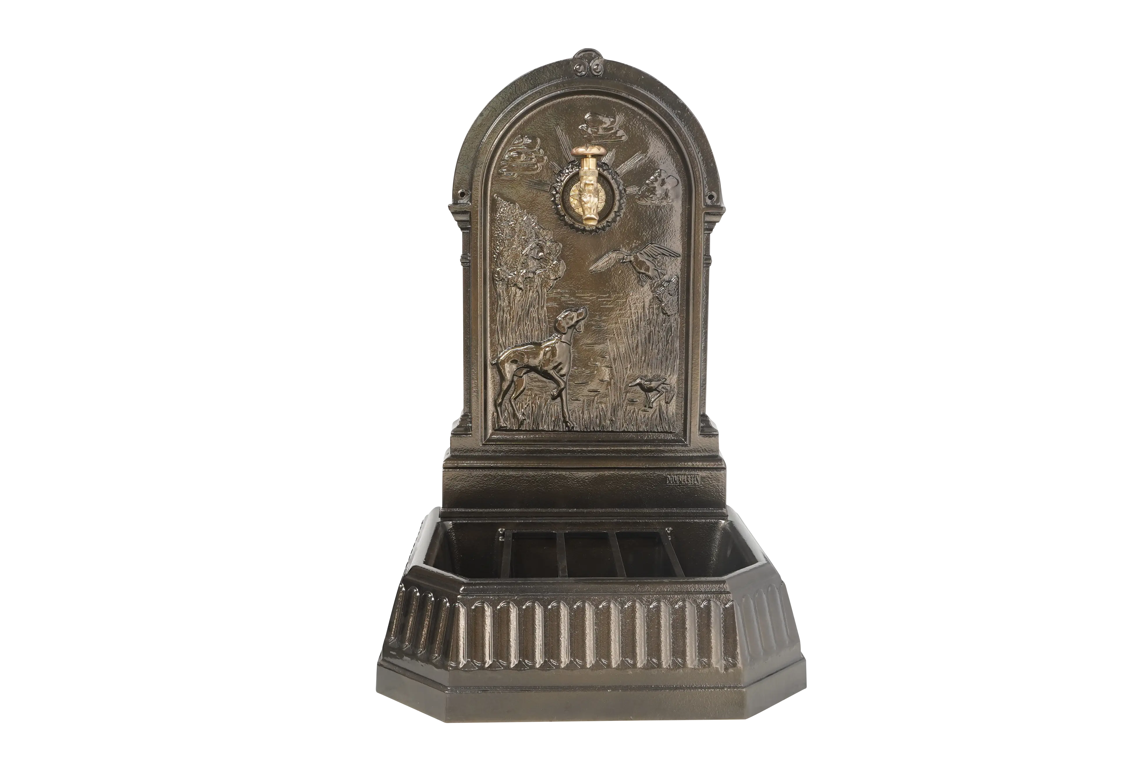 Fontaine chasse au marais Dommartin vieux bronze avec robinet colvert H.87