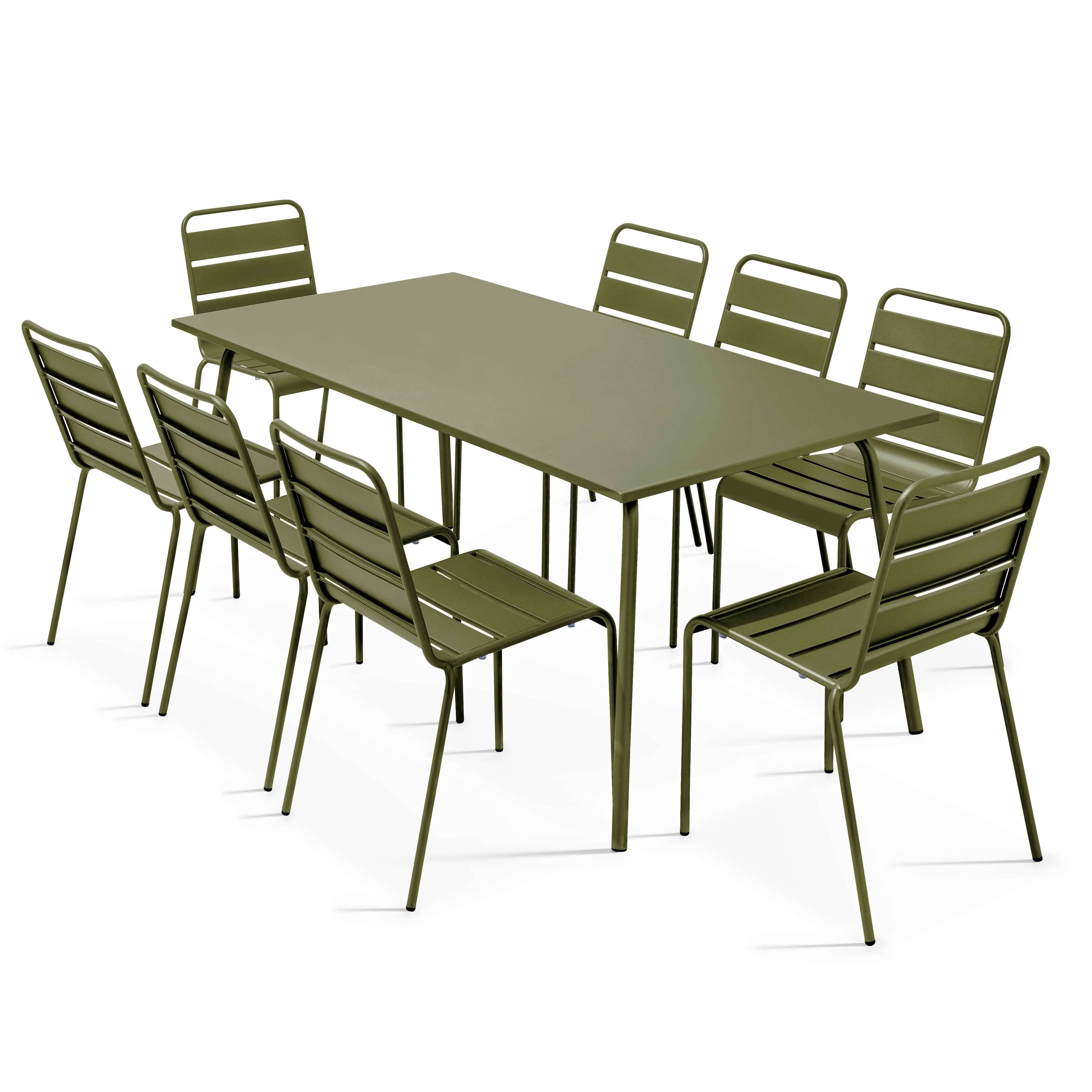 Ensemble table de jardin et 8 chaises en métal vert Kaki Palavas – Oviala