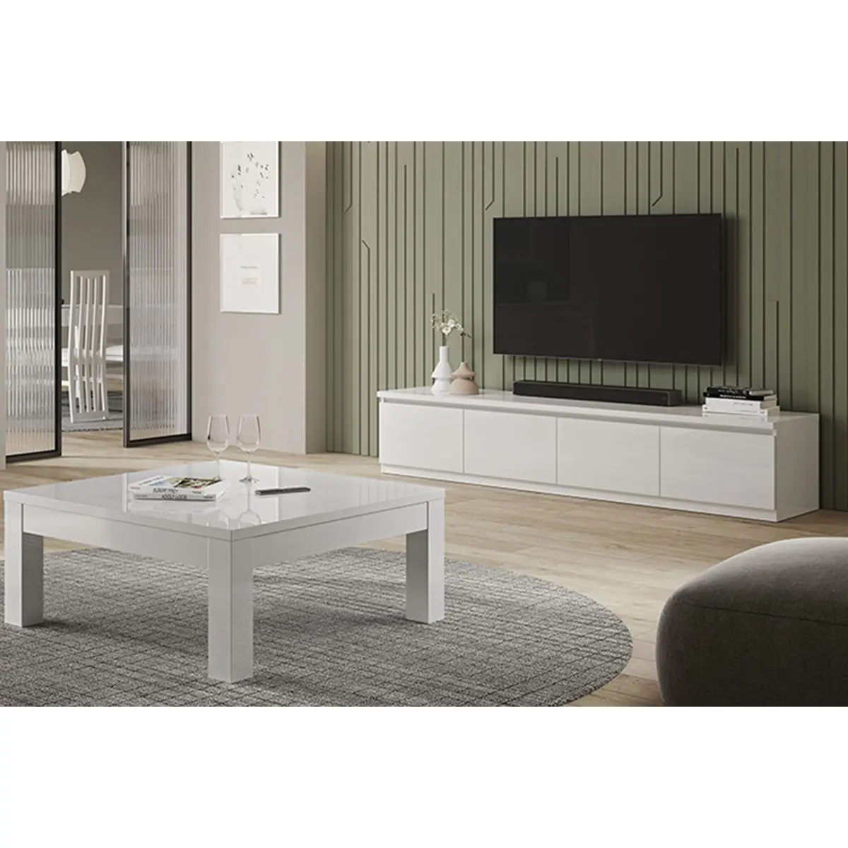 Ensemble Salon Laqué Blanc Meuble TV 4 Portes + Table Basse Carrée – DEYTON