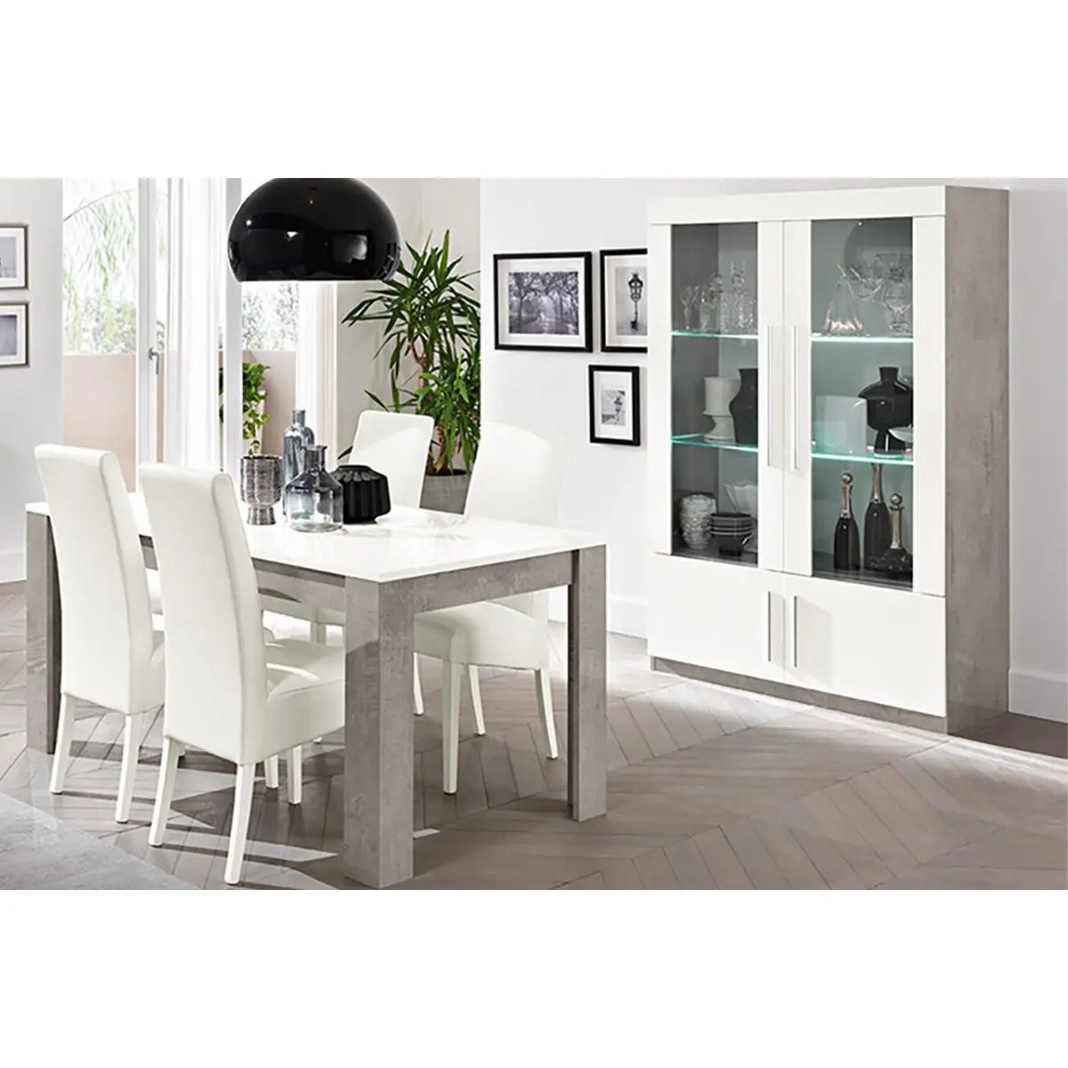 Ensemble Séjour Blanc et Marbre Table 190cm + Vitrine 4 Portes avec Leds – CLARK