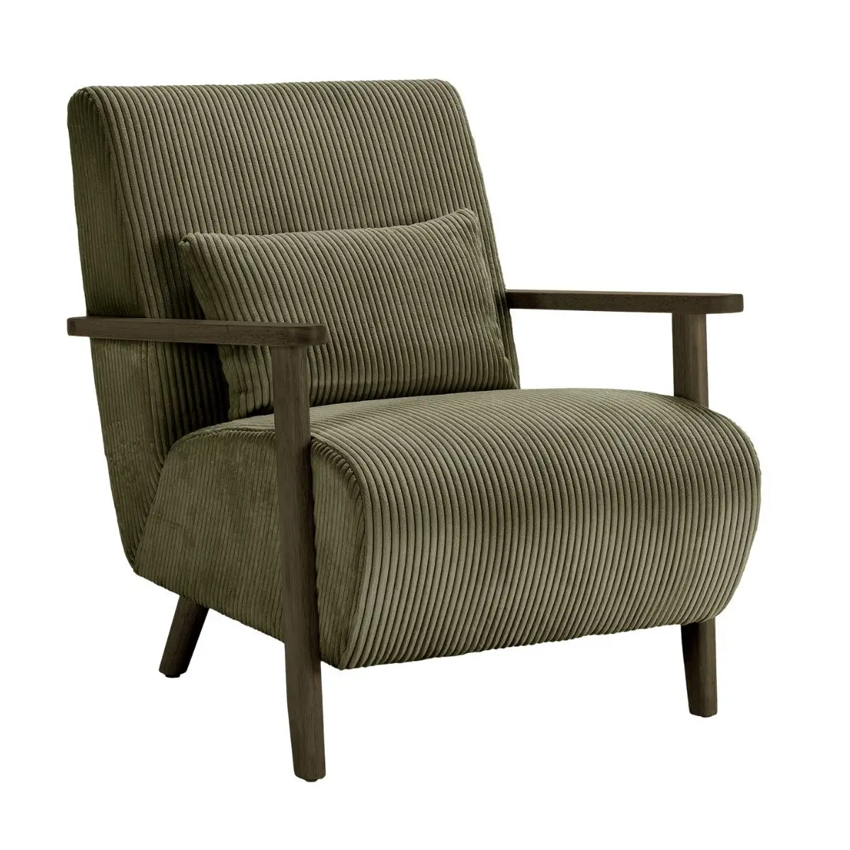 Fauteuil en velours côtelé vert vintage avec accoudoirs et pieds en chêne foncé – BONIFACE