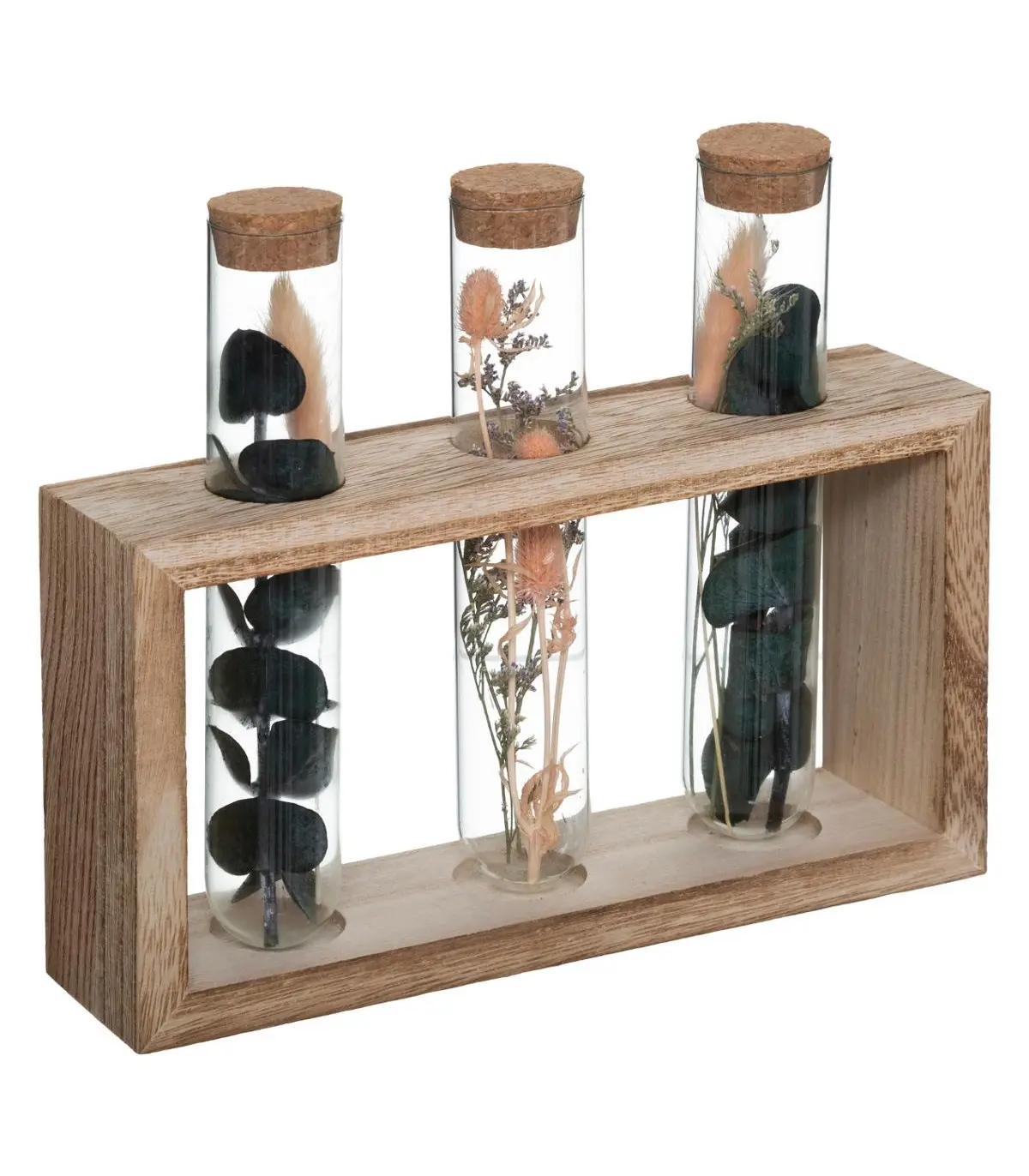 Fleurs séchées dans 3 Tubes en verre Support en Bois L 21 x H 17.2 cm